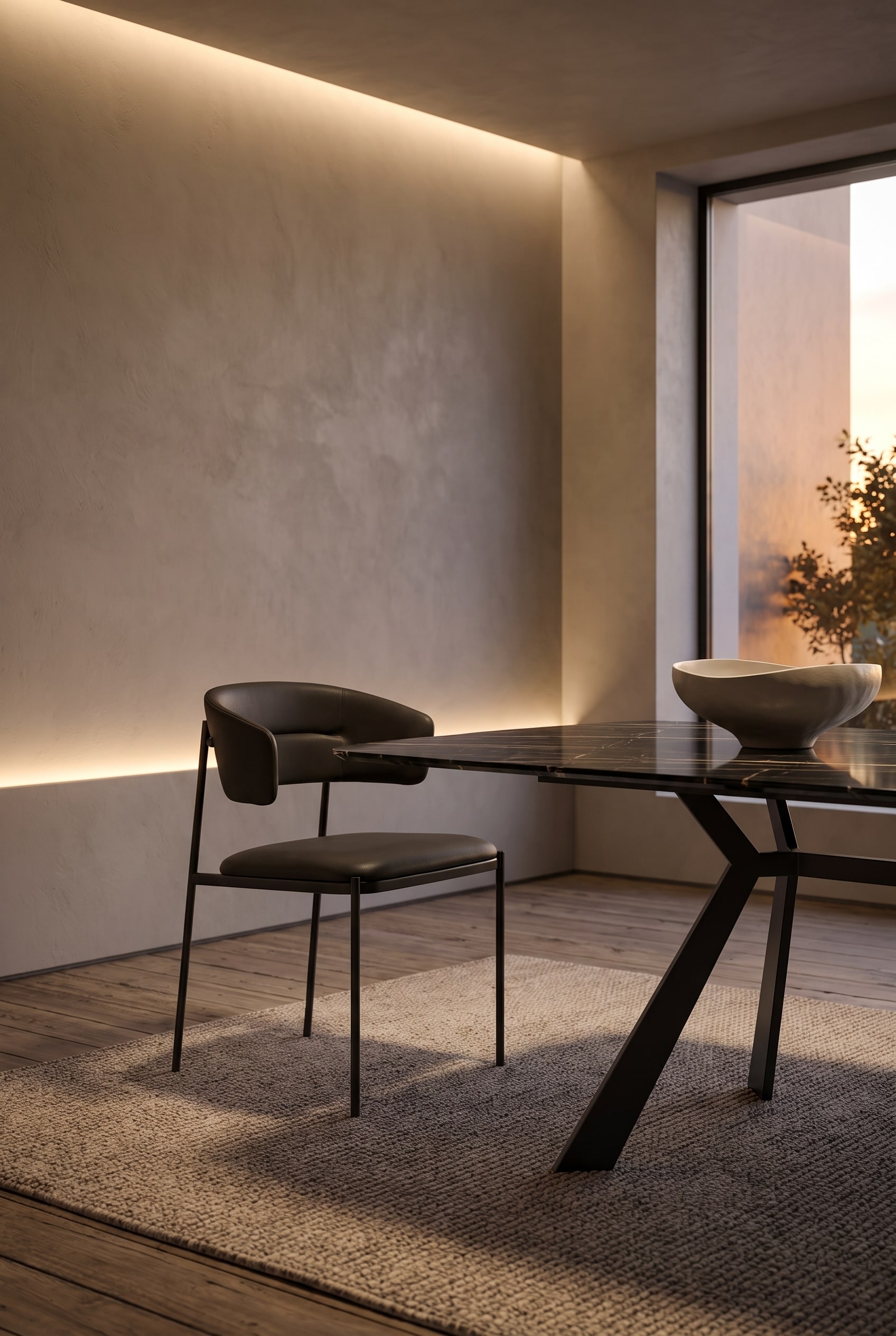 Modernes italienisches Esszimmer mit markantem Stuhl aus schwarzem Metallgestell und Lederrückenlehne
