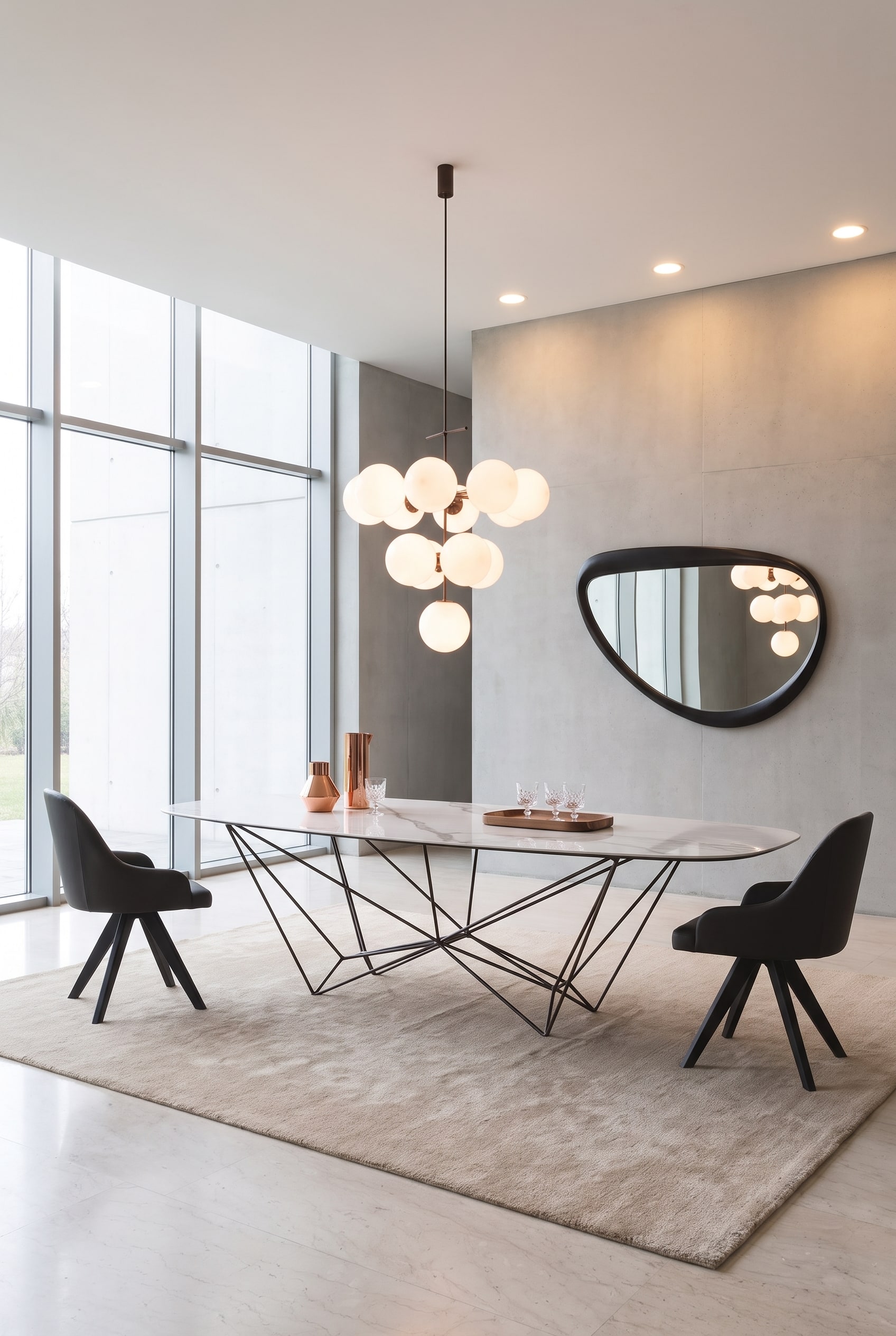 Une table &agrave; manger moderne extr&ecirc;mement longue avec un pi&egrave;tement m&eacute;tallique sculptural se dresse comme un centre architectural dans une salle &agrave; manger spacieuse et lumineuse.