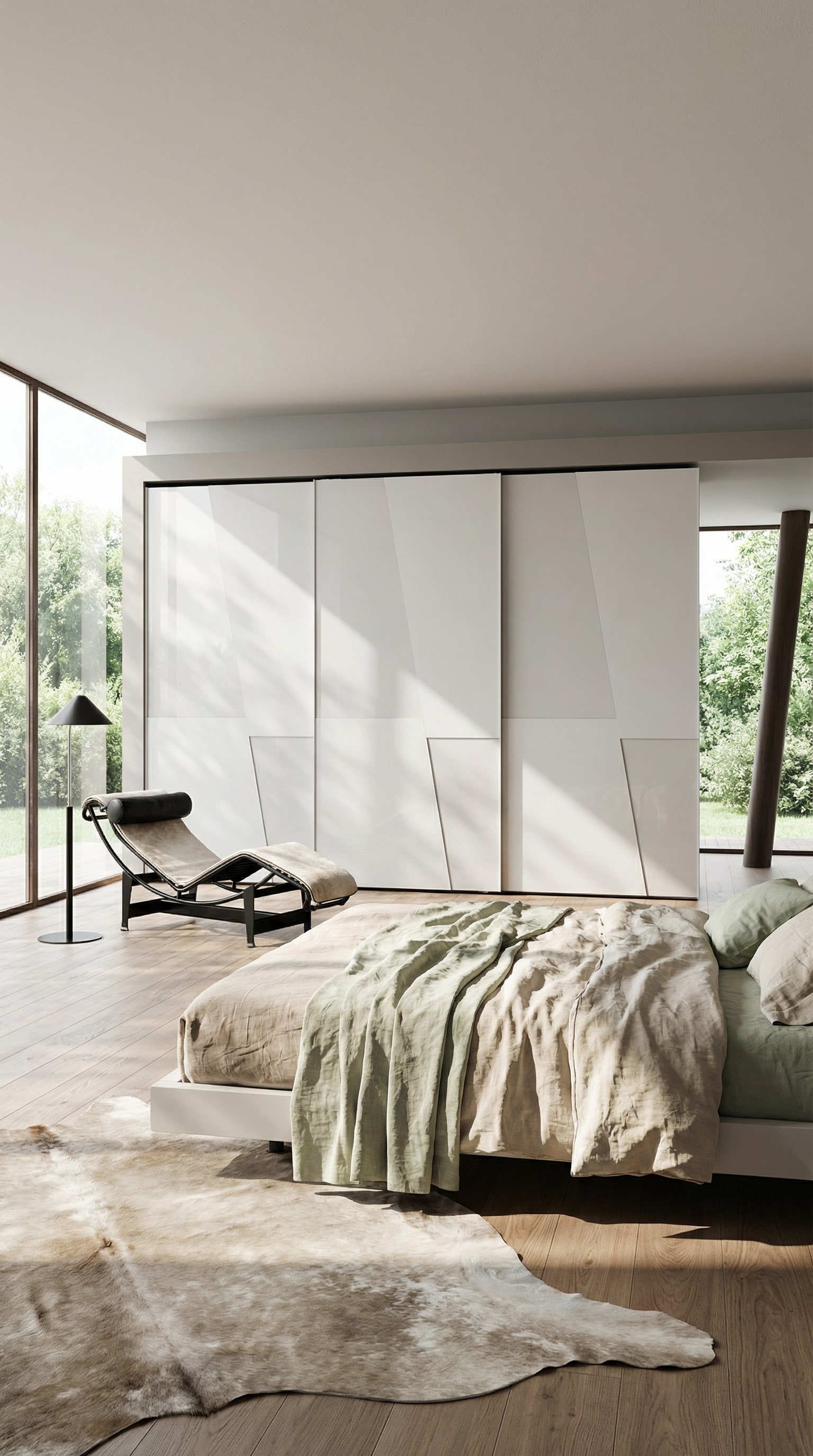 Modernes Schlafzimmer im Fr&uuml;hling mit dem Livitalia Kleiderschrank Diagonal Schiebet&uuml;ren, dessen diagonale Linien das Design auflockern.