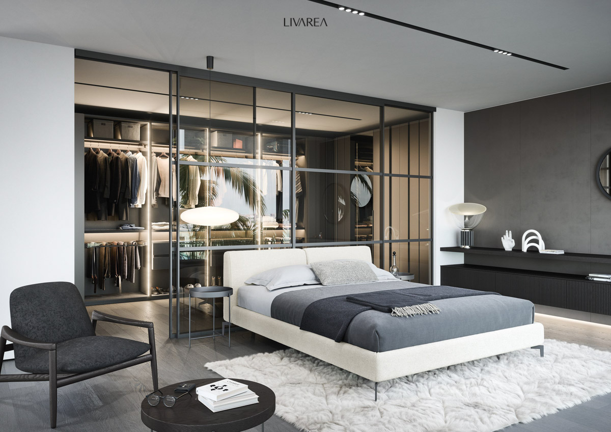 Hochwertiger Schlafzimmerschrank mit durchsichtigen Schiebetüren und Hosenhalter Hochwertiger Schlafzimmerschrank mit durchsichtigen Schiebetüren und Hosenhalter