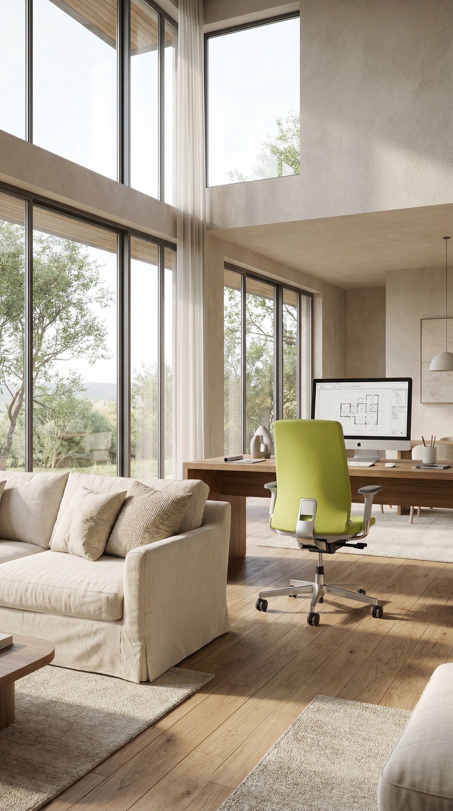 Le fauteuil de bureau ergonomique ICF Pyla avec un fin tissu maill&eacute; sur un bureau moderne dans un espace de vie lumineux