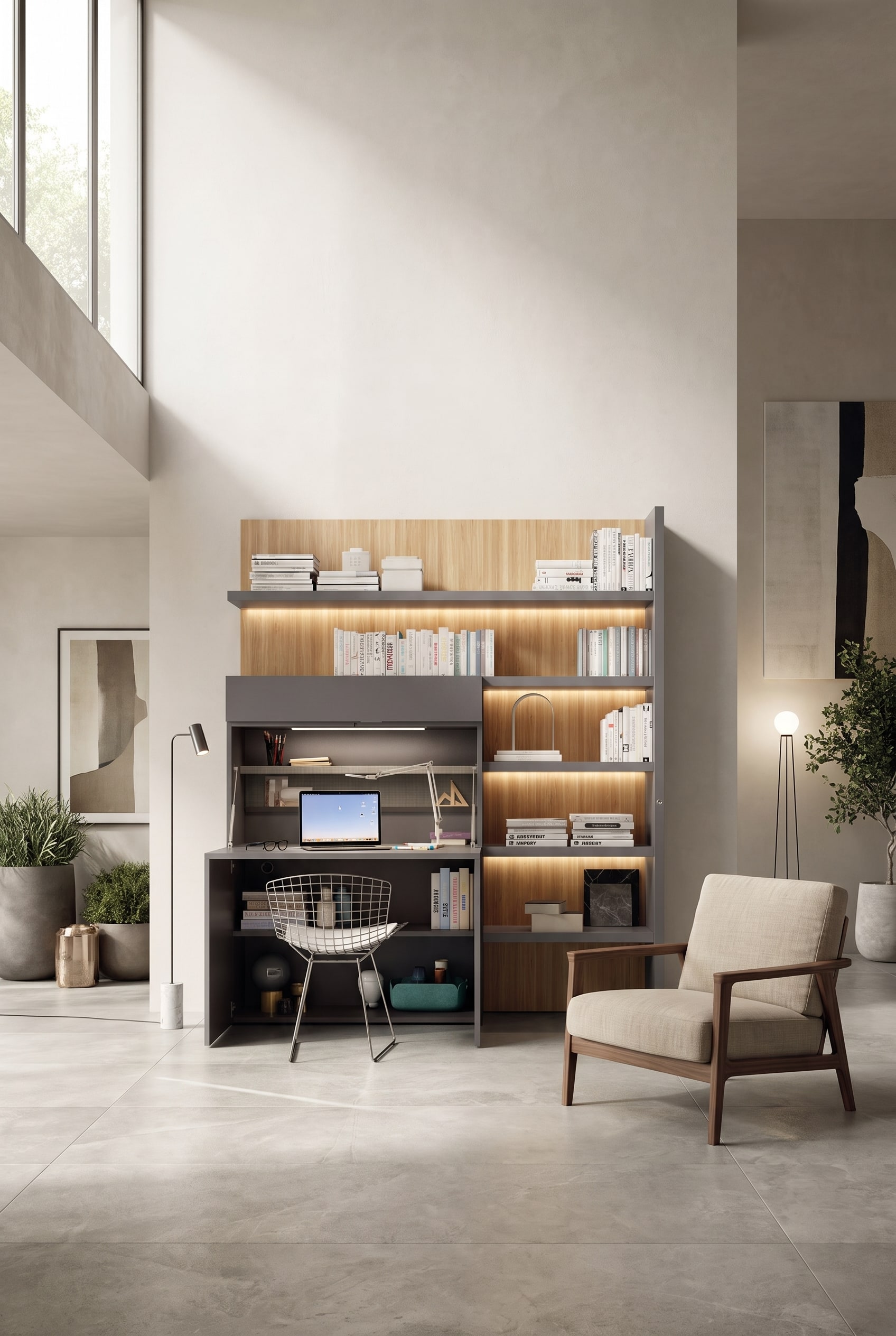 Elegantes graues Highboard mit integriertem Schreibtisch in einem hohen Wohnraum, der nahtlos in die Wohnumgebung &uuml;bergeht