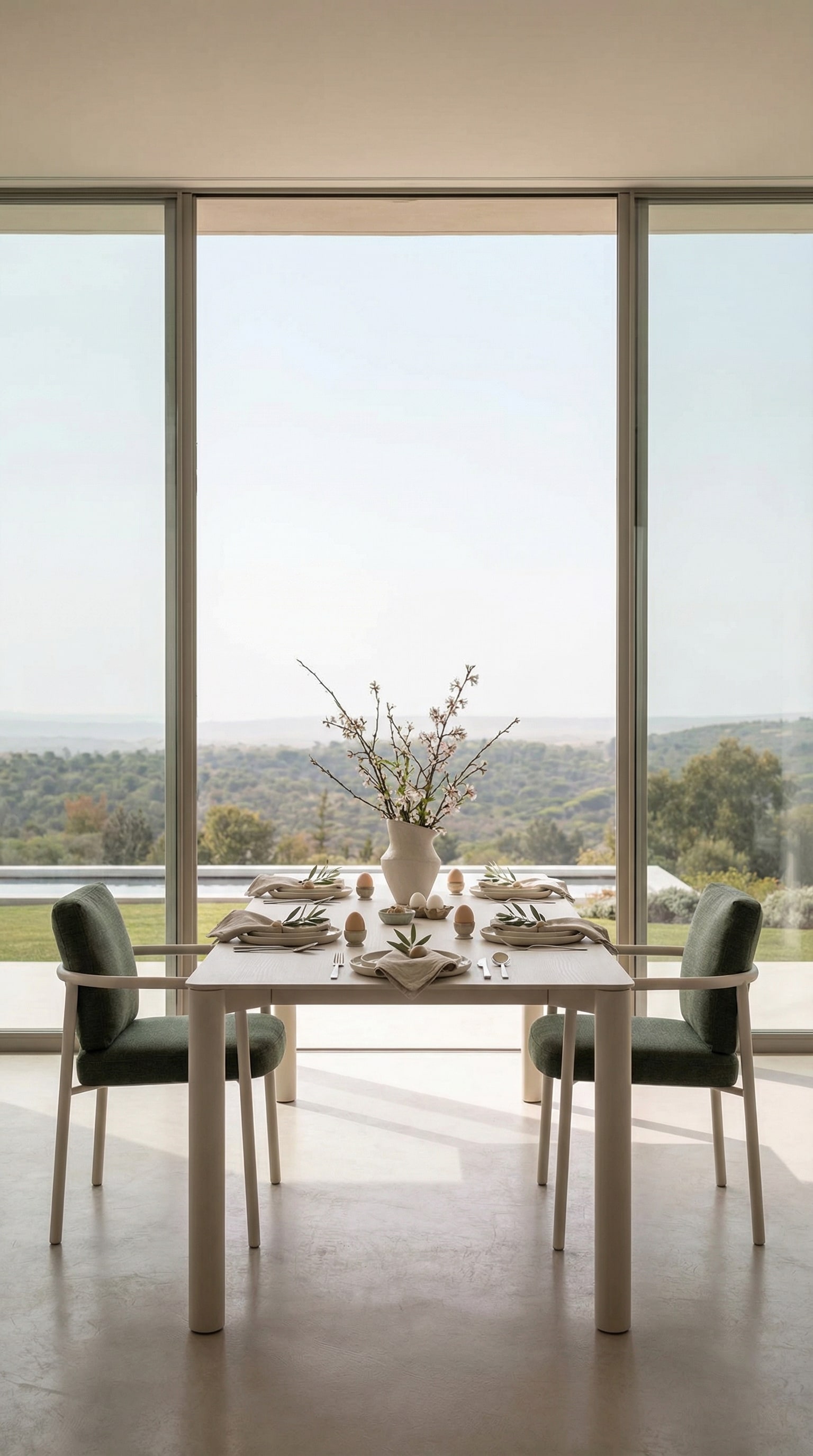 Klassischer, minimalistischer Outdoor Esstisch in einem symmetrischen Terrassen-Layout Klassischer, minimalistischer Outdoor Esstisch in einem symmetrischen Terrassen-Layout