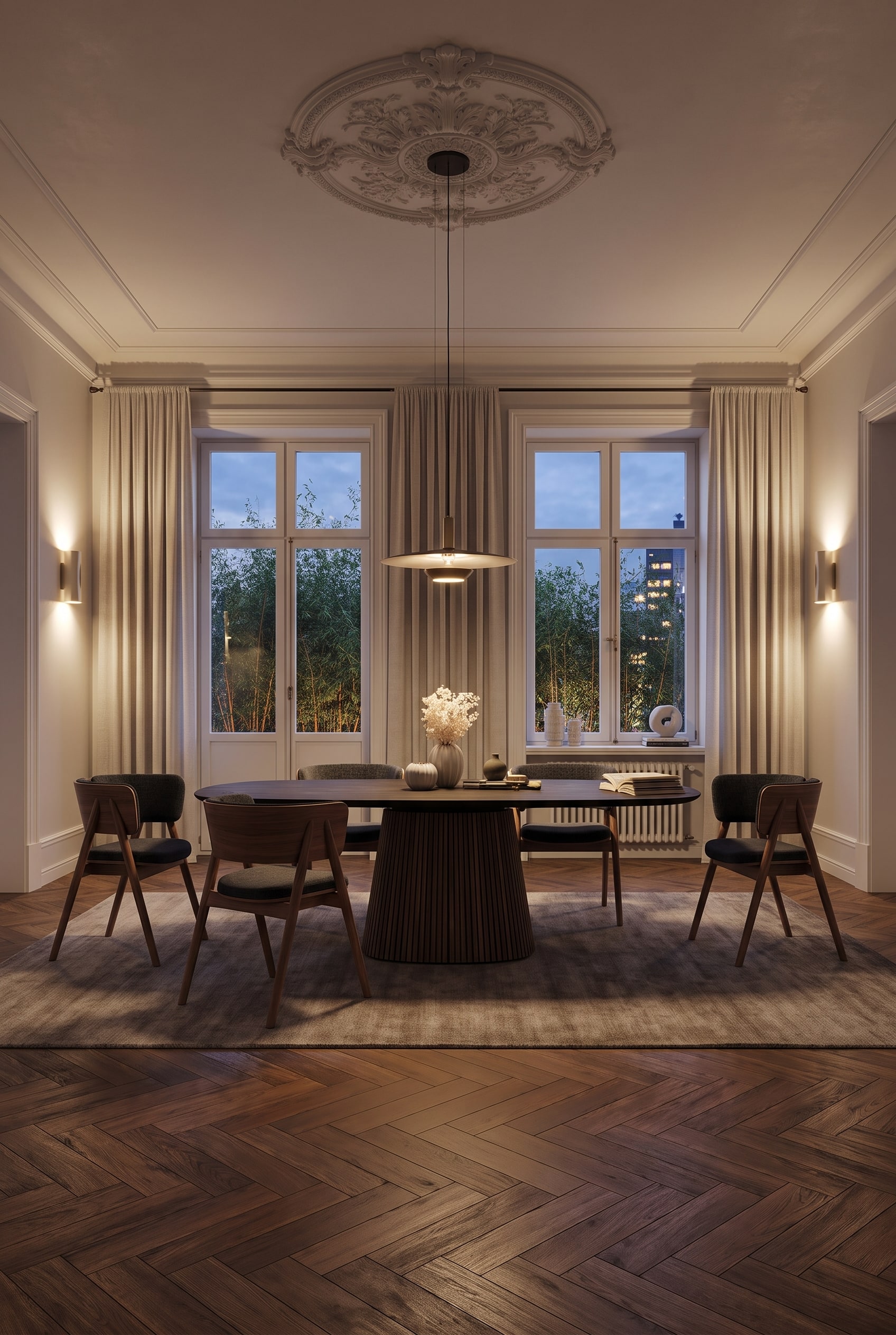 Une table à manger ronde avec un pied colonne massif et cannelé en chêne foncé est placée exactement sous une opulente rosace en plâtre dans une pièce classique d'un appartement ancien.