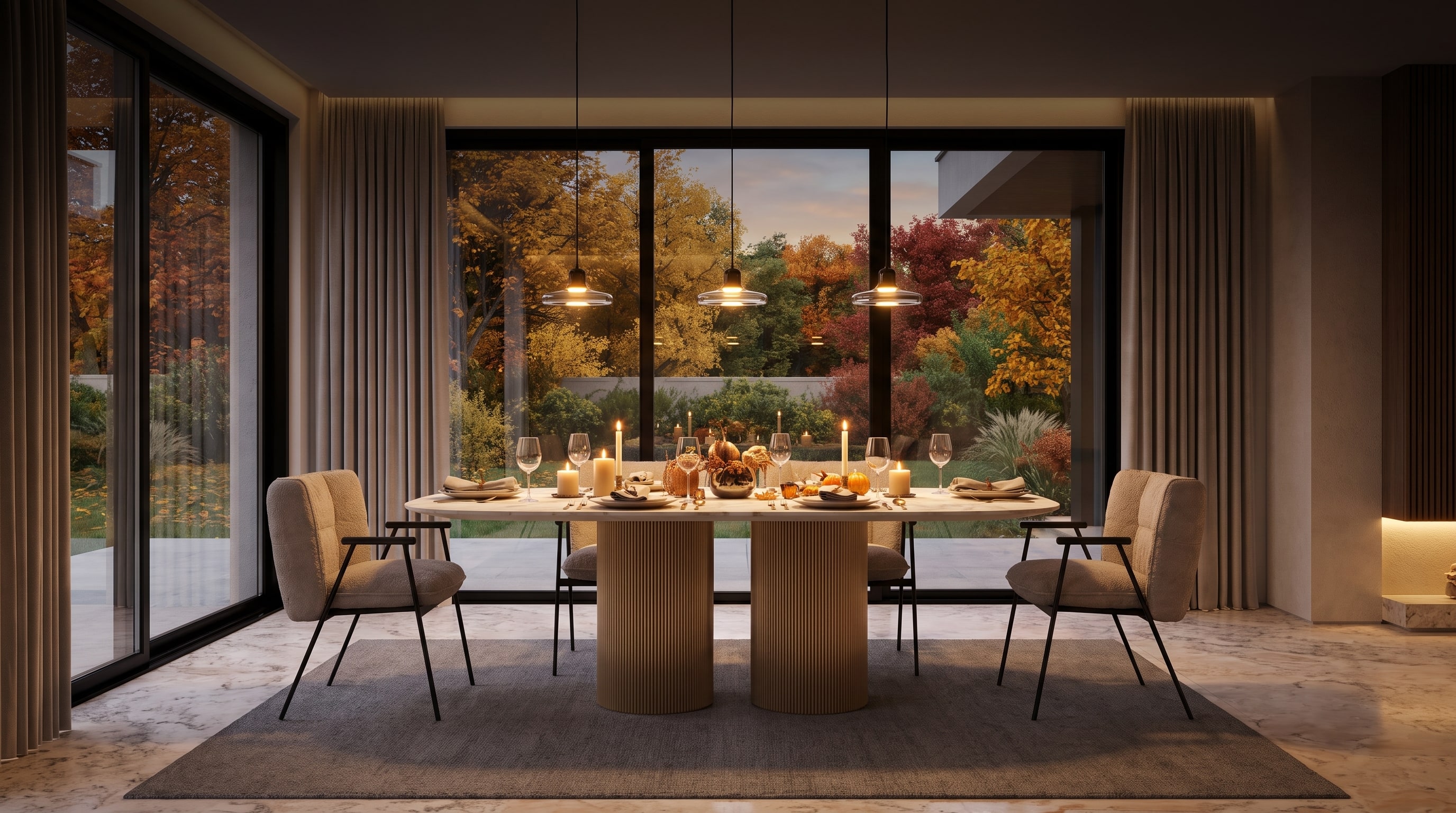 Designermöbel Esszimmer: Die Wirkung skulpturaler Tische im Herbstlicht