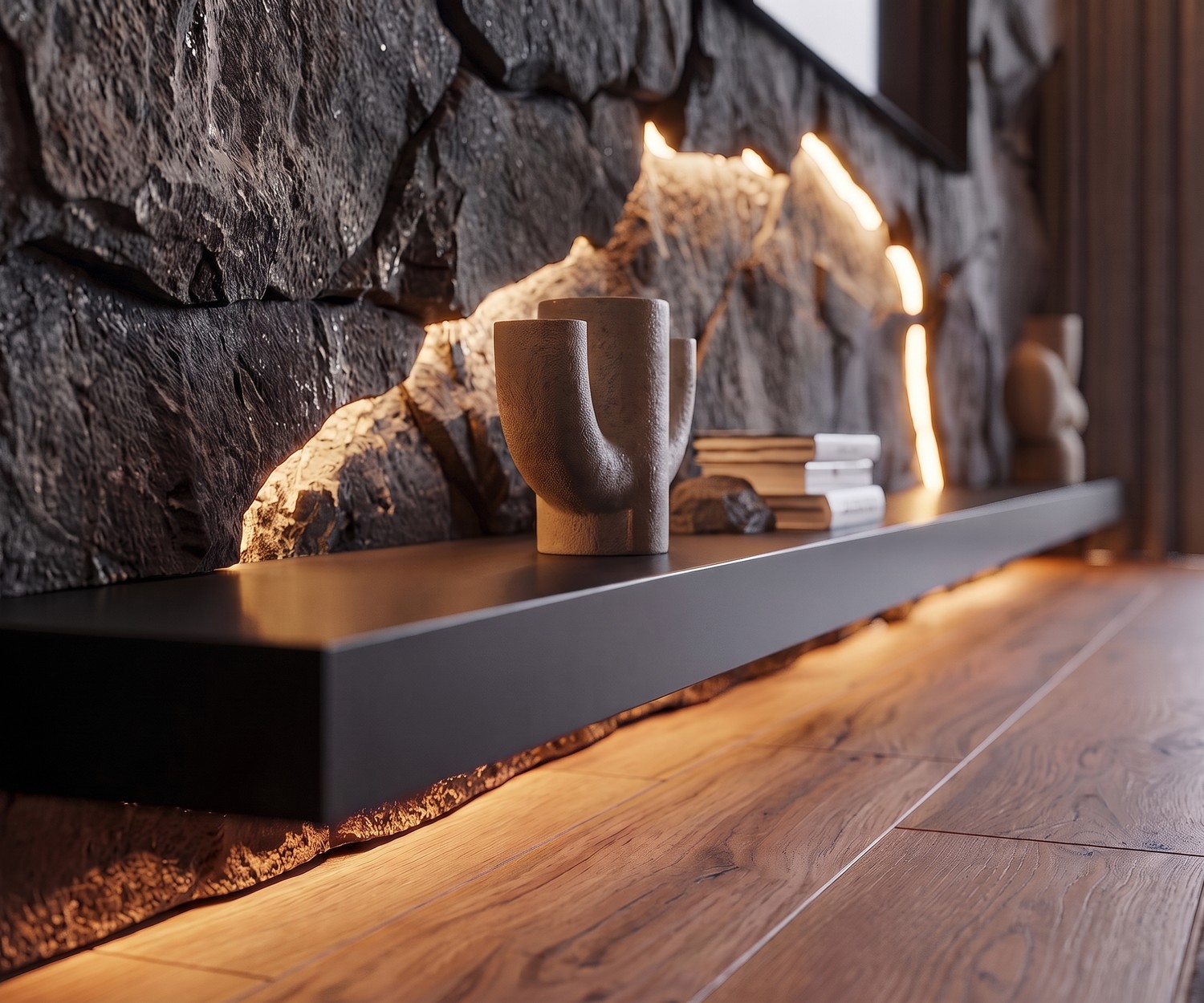 Livitalia TV Wandboard mit LED-Beleuchtung Livitalia TV Wandboard als schwebendes Regal im Wohnzimmer vor einer Natursteinwand mit LED-Beleuchtung im modernen Stil.