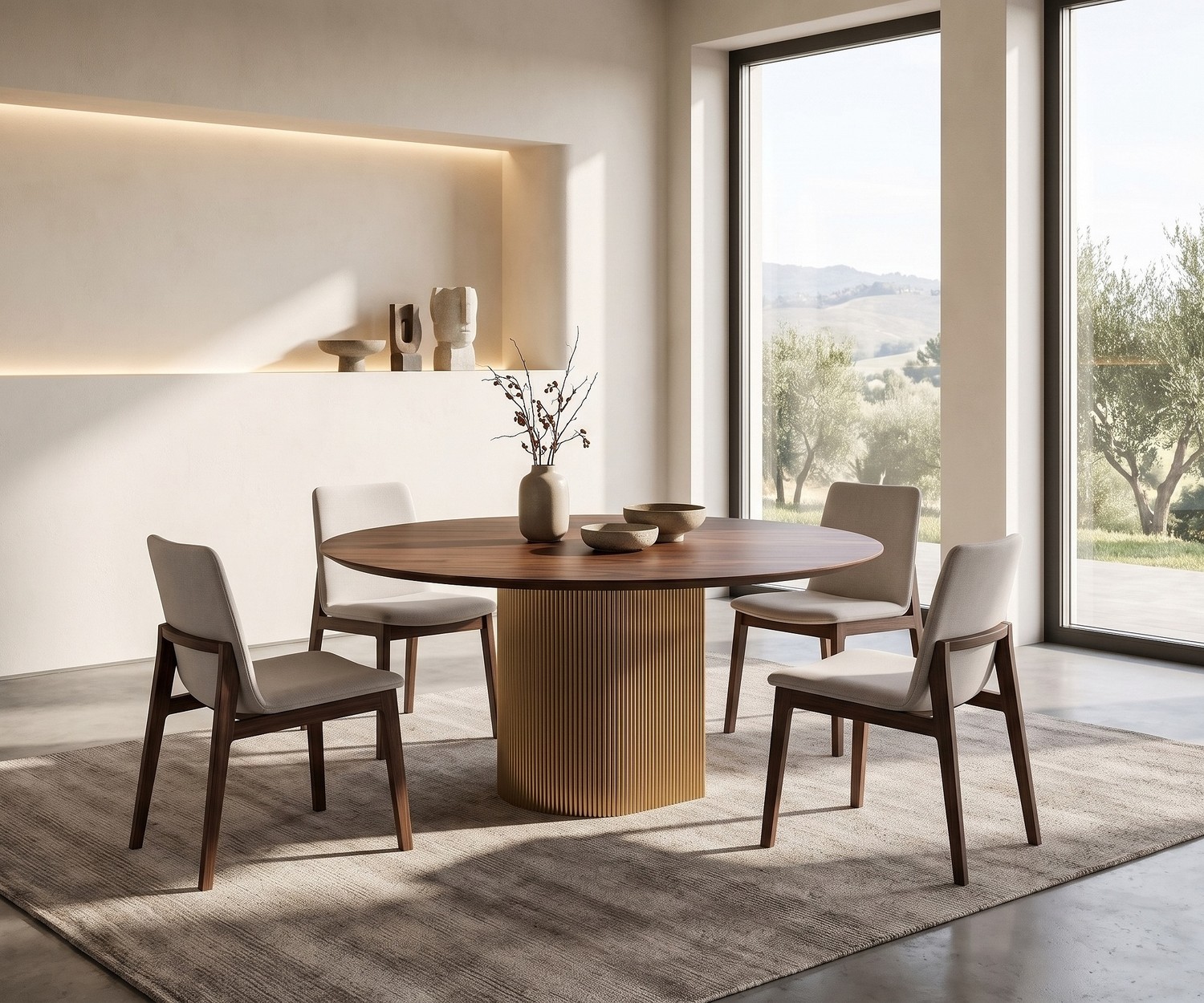 Table à manger ronde al2 dakry br 001 pour salle à manger moderne, plateau marbre blanc et pied central doré cannelé.