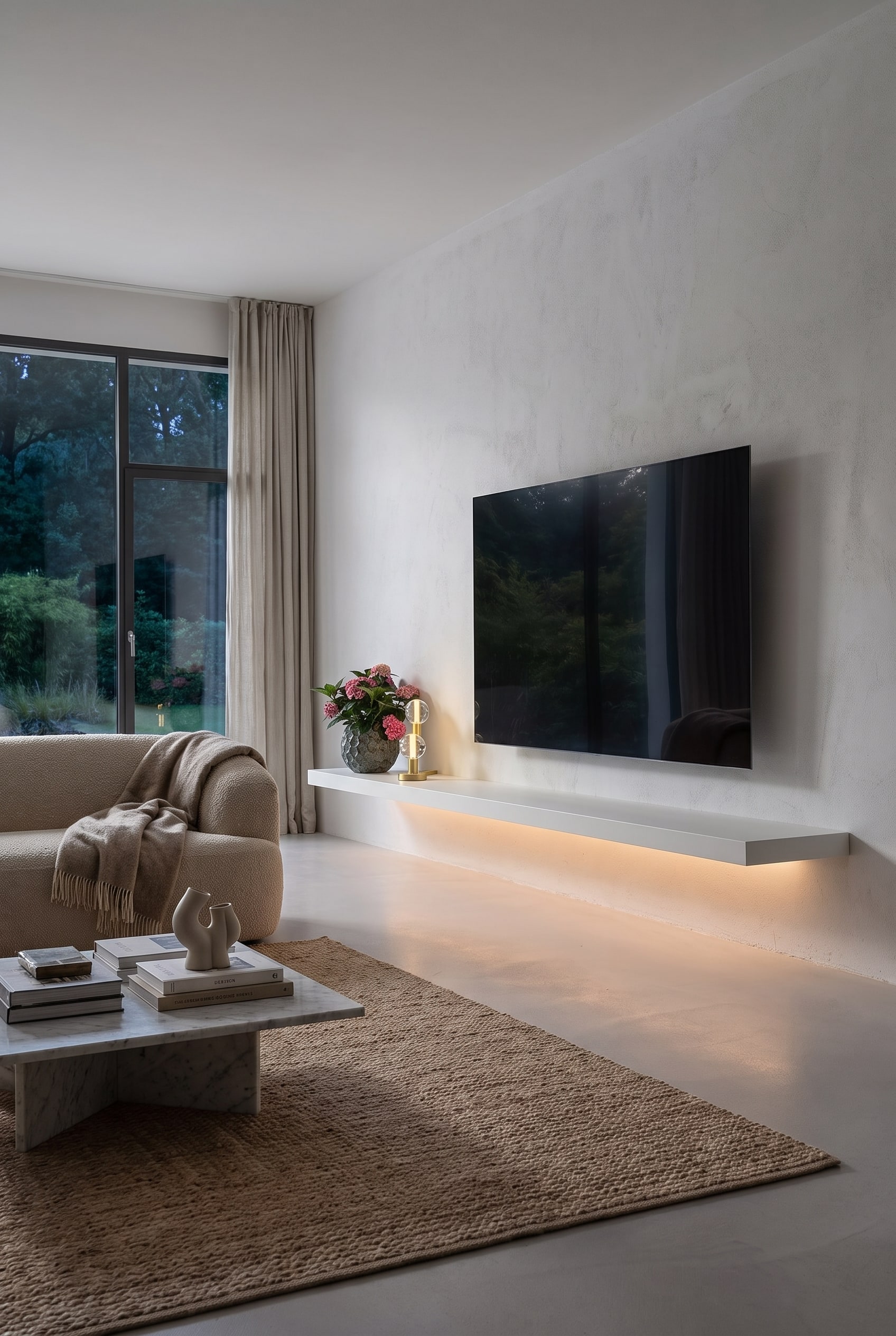 Helles Wohnzimmer mit schwebendem Lowboard in Mattwei&szlig;, einer gl&auml;sernen Designer-Vase und einem Flachbildfernseher