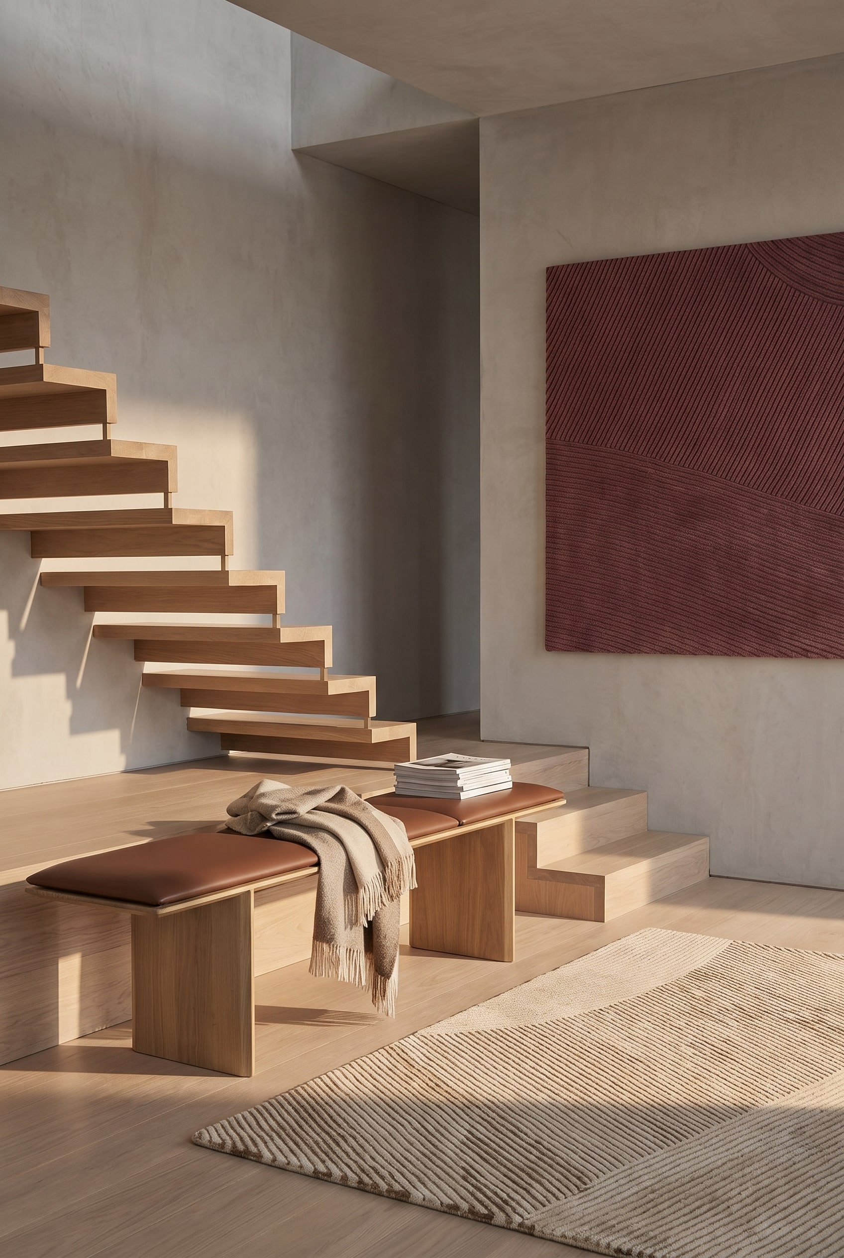 &Eacute;l&eacute;gante banc Punt Velasca en bois dans l'entr&eacute;e d'un escalier moderne