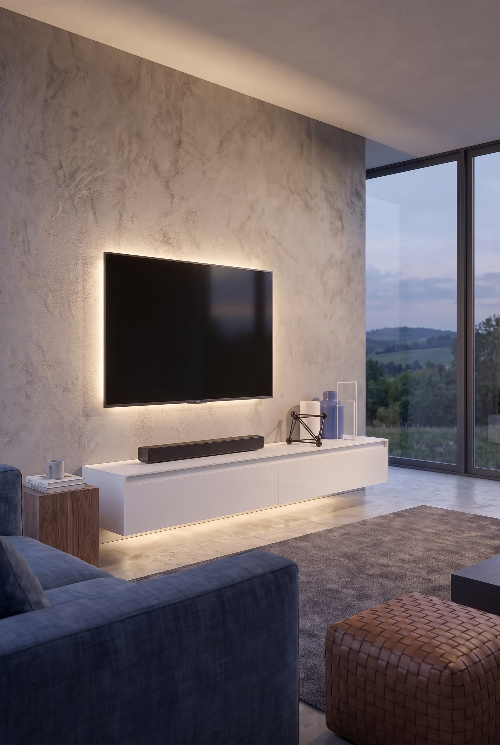 Salon moderne avec un meuble bas flottant en surface mate et un &eacute;cran plat discr&egrave;tement plac&eacute;