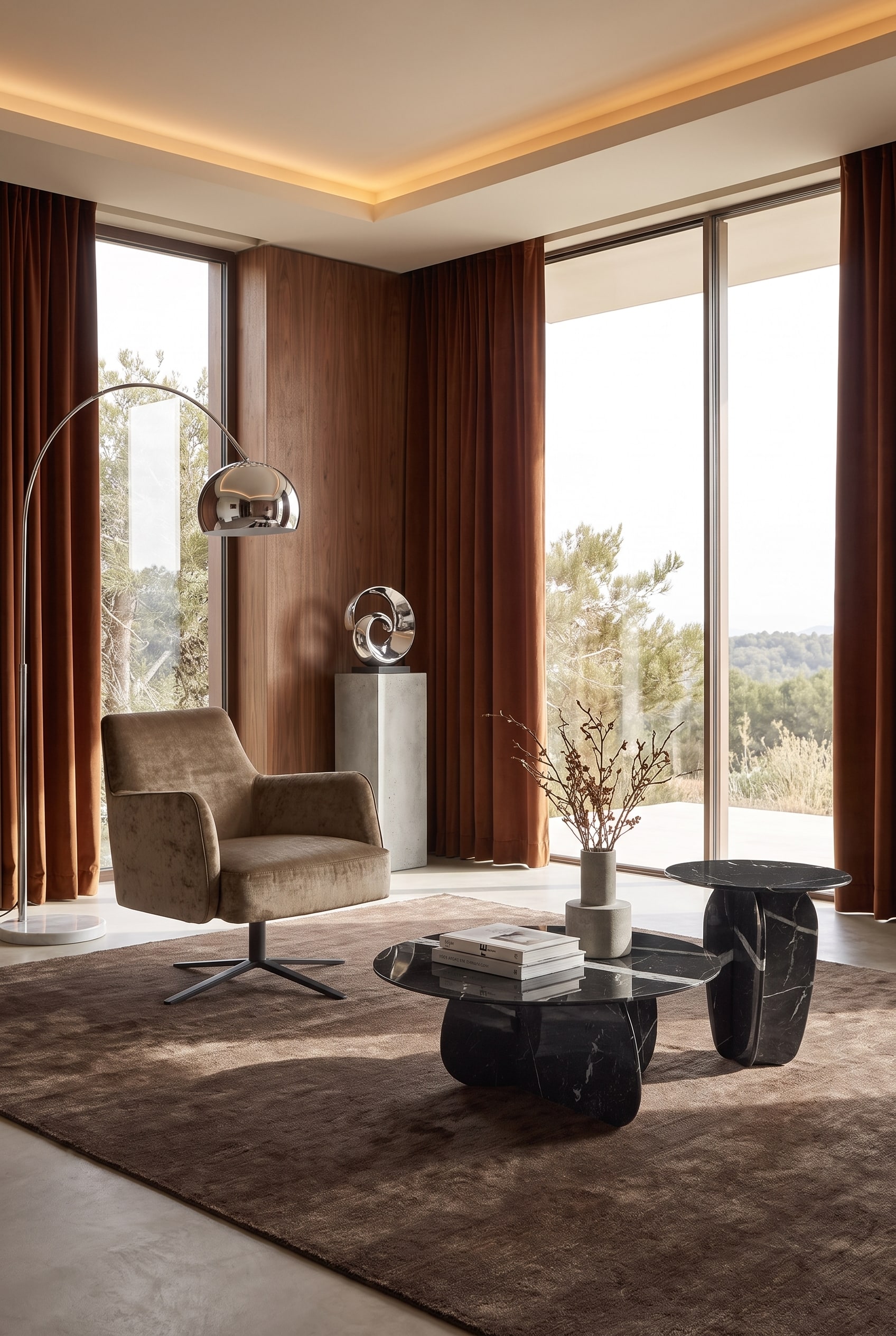 Salon moderne avec un fauteuil aux formes organiques en velours brun rouille devant une grande baie vitrée