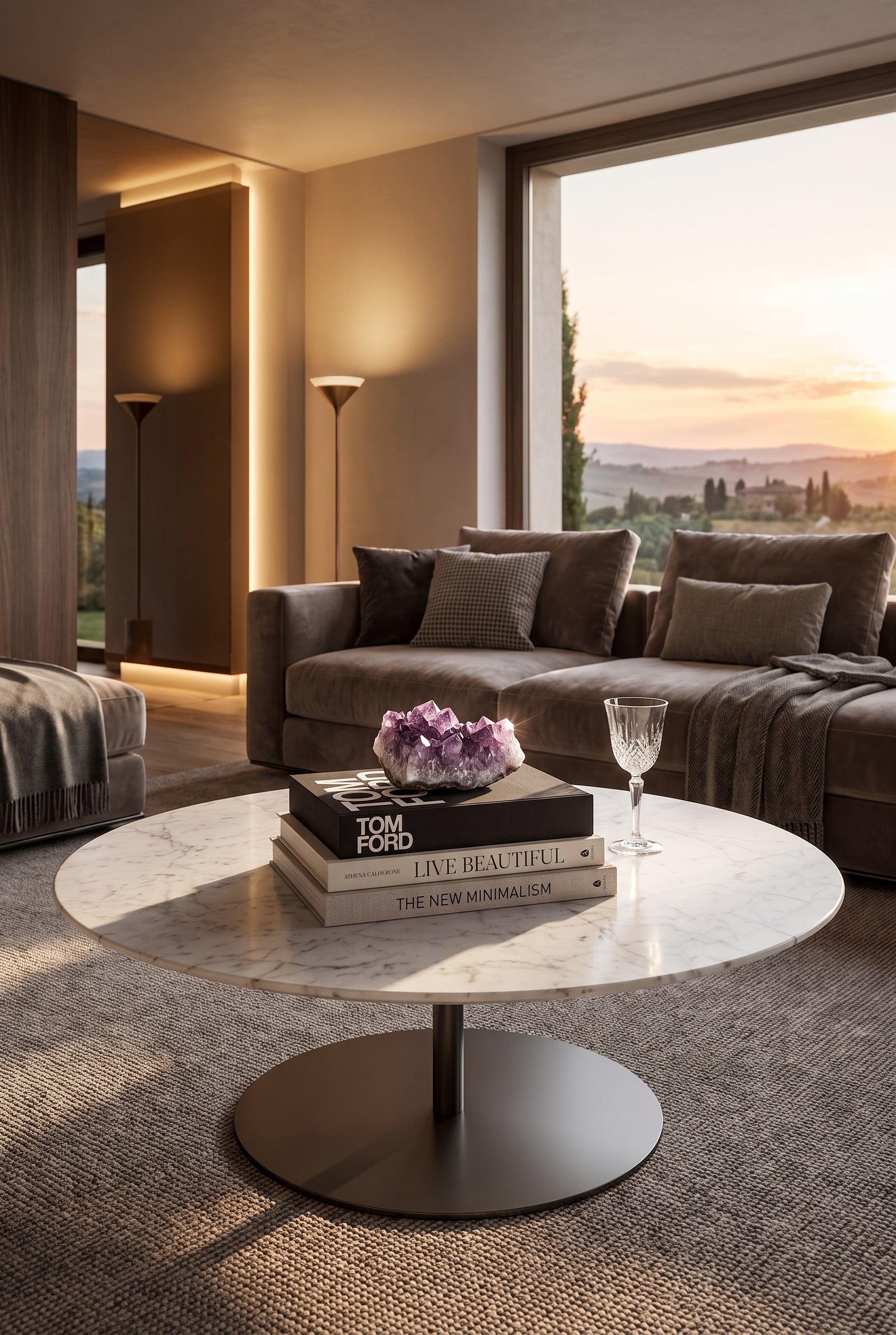 Table basse ronde en marbre avec trois livres d'art empilés et un petit verre en cristal dessus dans un salon lumineux