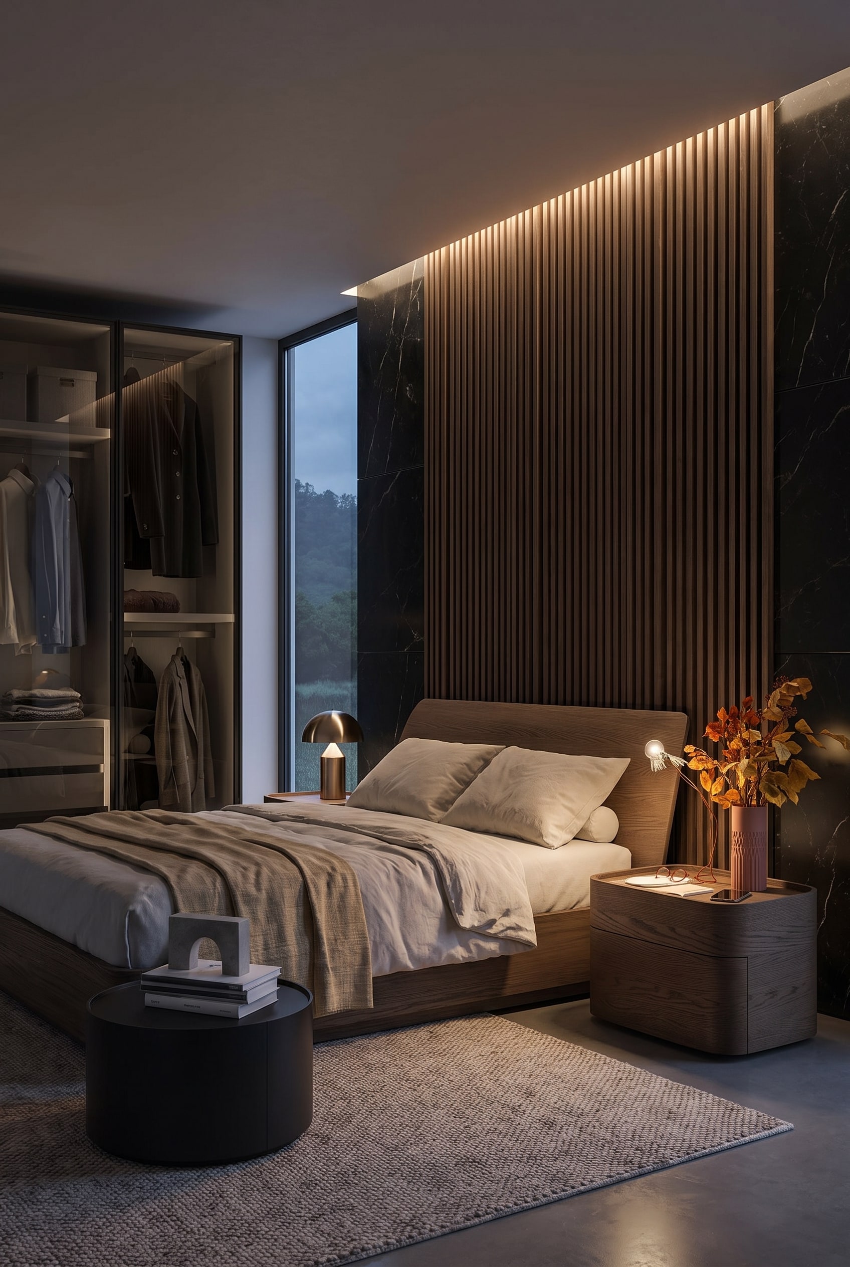 Zentrierte Akustikpaneele aus Holz hinter einem Bett mit zwei minimalistischen Nachttischen in einem eleganten Schlafzimmer