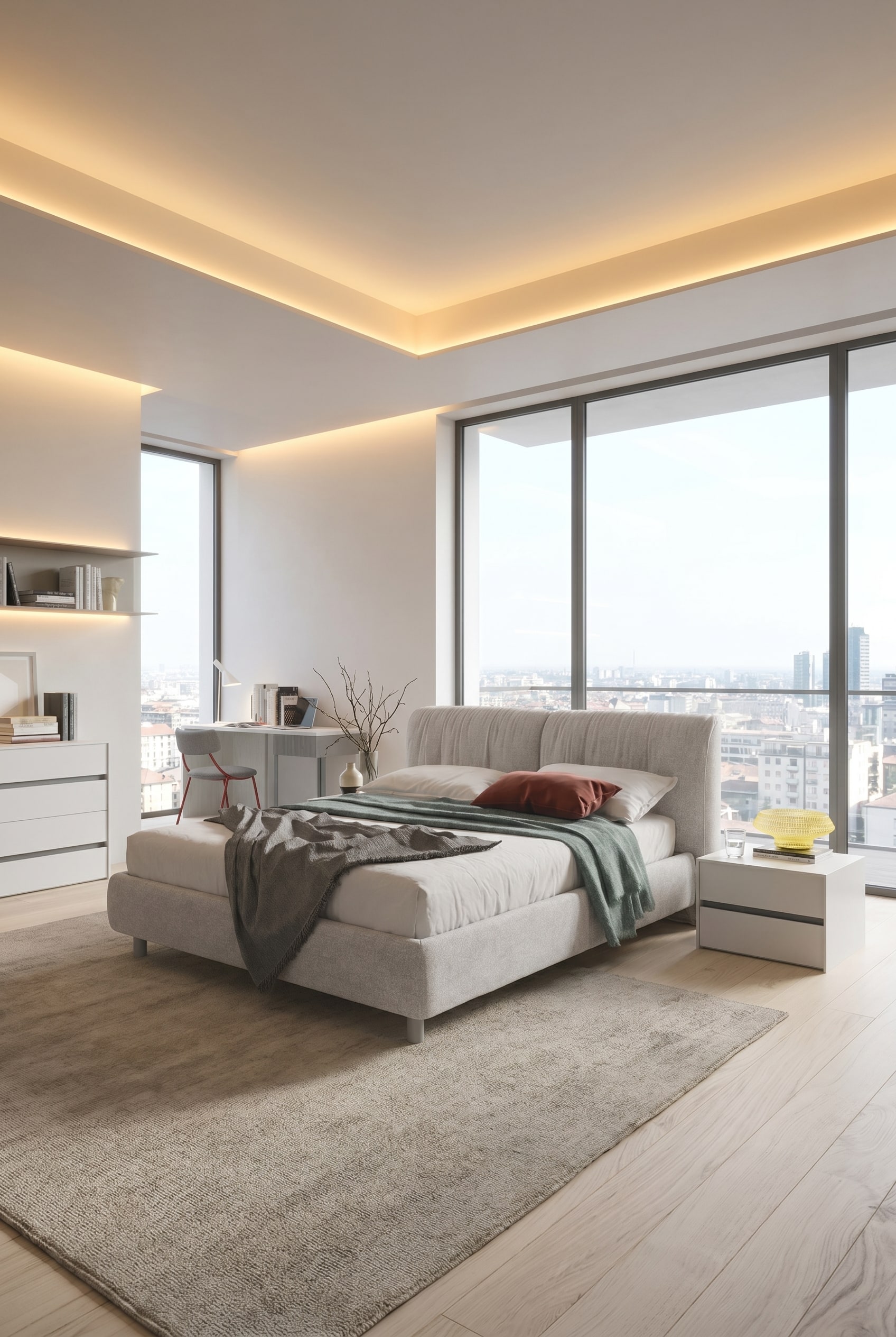 Modernes Schlafzimmer mit bodentiefen Fenstern, einem gro&szlig;en Polsterbett in Hellgrau, beigem Wollteppich und minimalistischen wei&szlig;en Nachttischen im sanften Gegenlicht