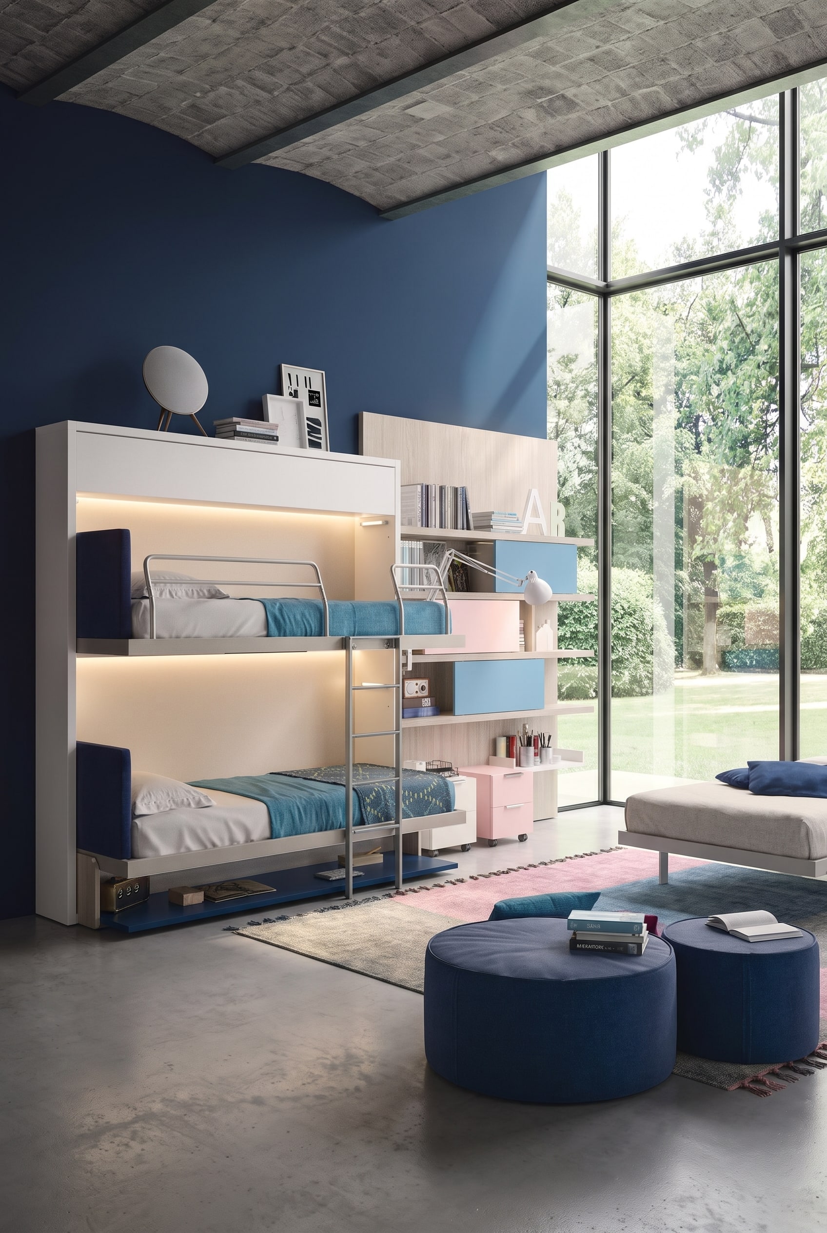 Chambre d'adolescent avec un lit superposé horizontal déplié en bois clair avec échelle en aluminium intégrée et barrière de sécurité