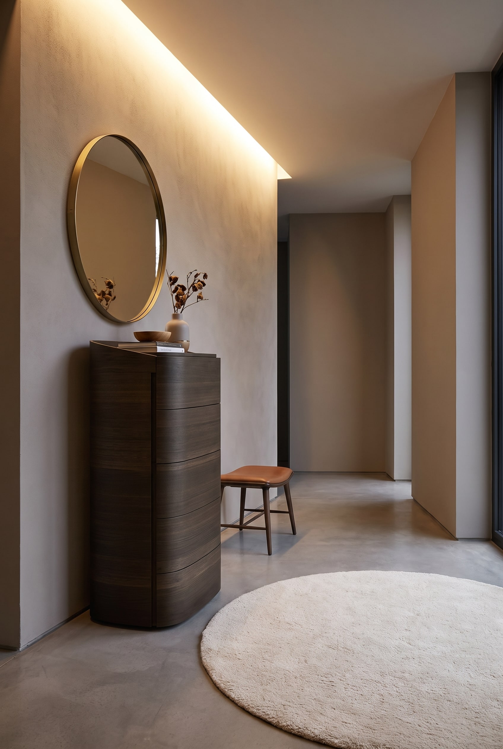 Commode haute aux bords doucement arrondis dans un couloir &eacute;troit, surmont&eacute;e d'un miroir ovale
