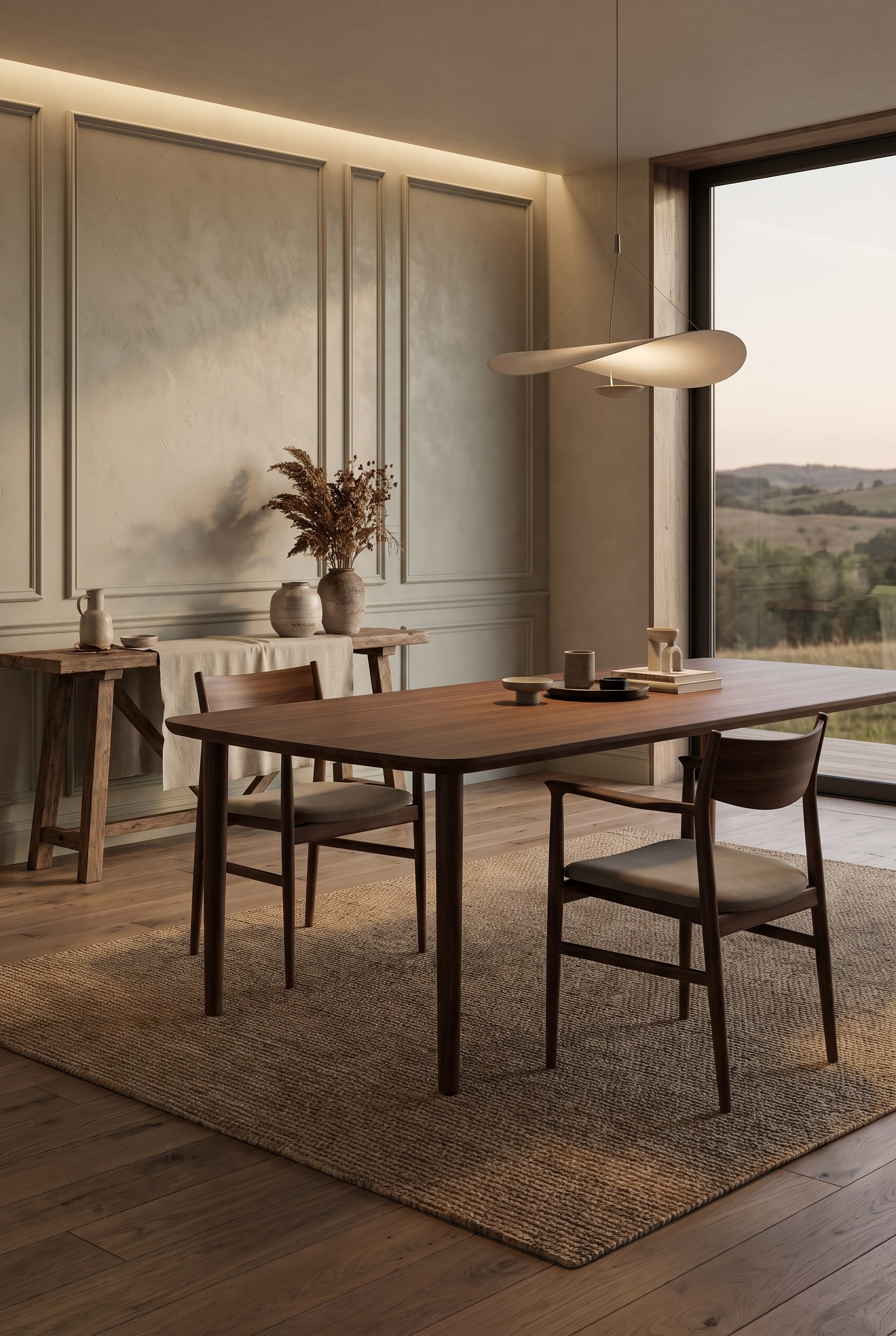 Coin repas avec la chaise à accoudoirs Conde House Kamuy en bois doux et rembourrage aux couleurs sourdes devant un mur de couleur greige