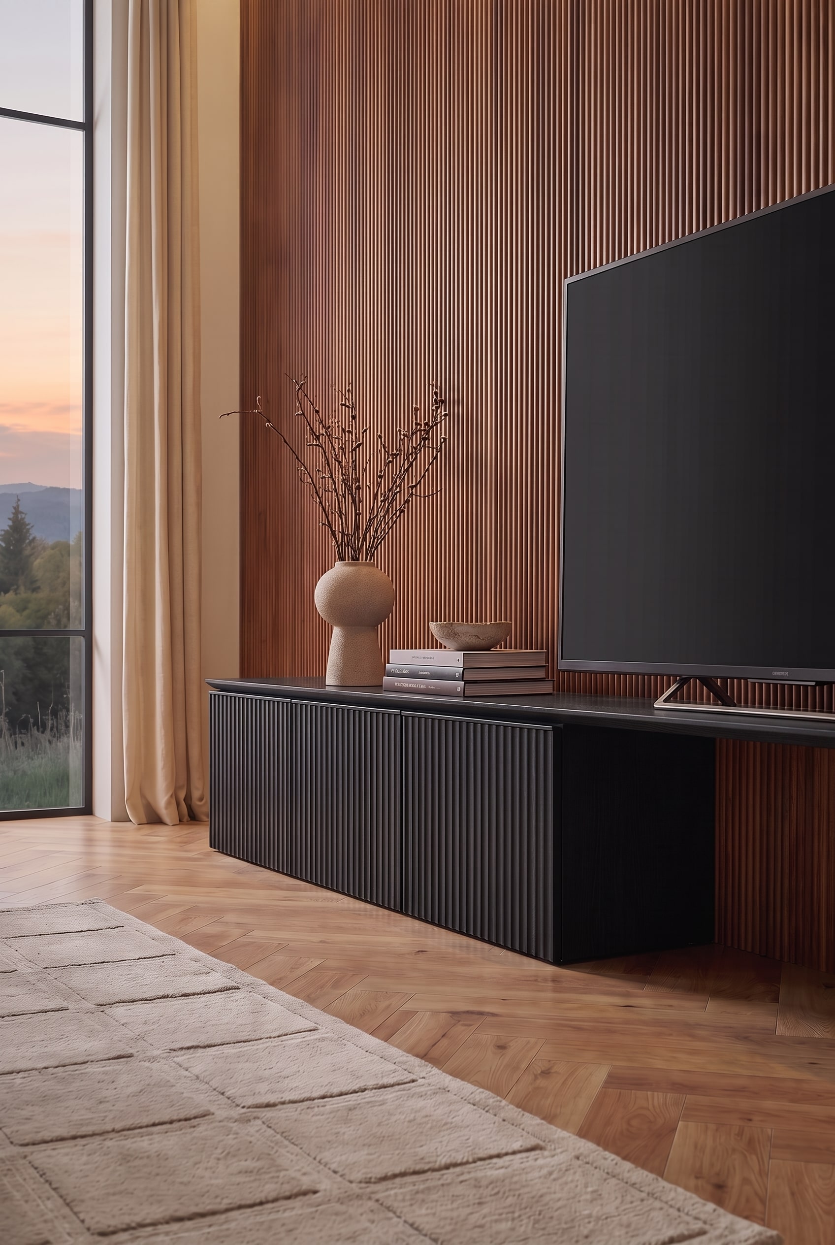 Detail des schwarzen Lowboards mit geriffelter Front. Darauf stehen eine beige Vase mit Zweigen und einige B&uuml;cher neben dem Fernseher.