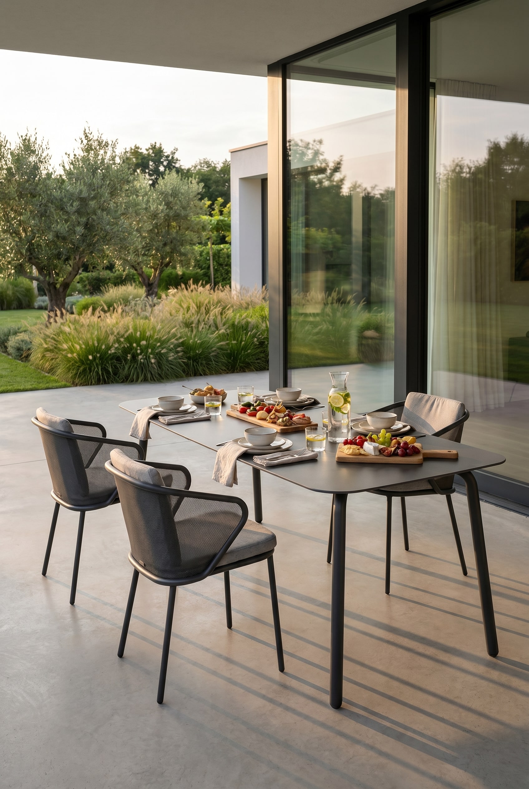 Une table de jardin Todus Condor puriste, &eacute;l&eacute;gamment dress&eacute;e et combin&eacute;e avec des &eacute;l&eacute;ments en bois chaleureux sur une terrasse moderne.