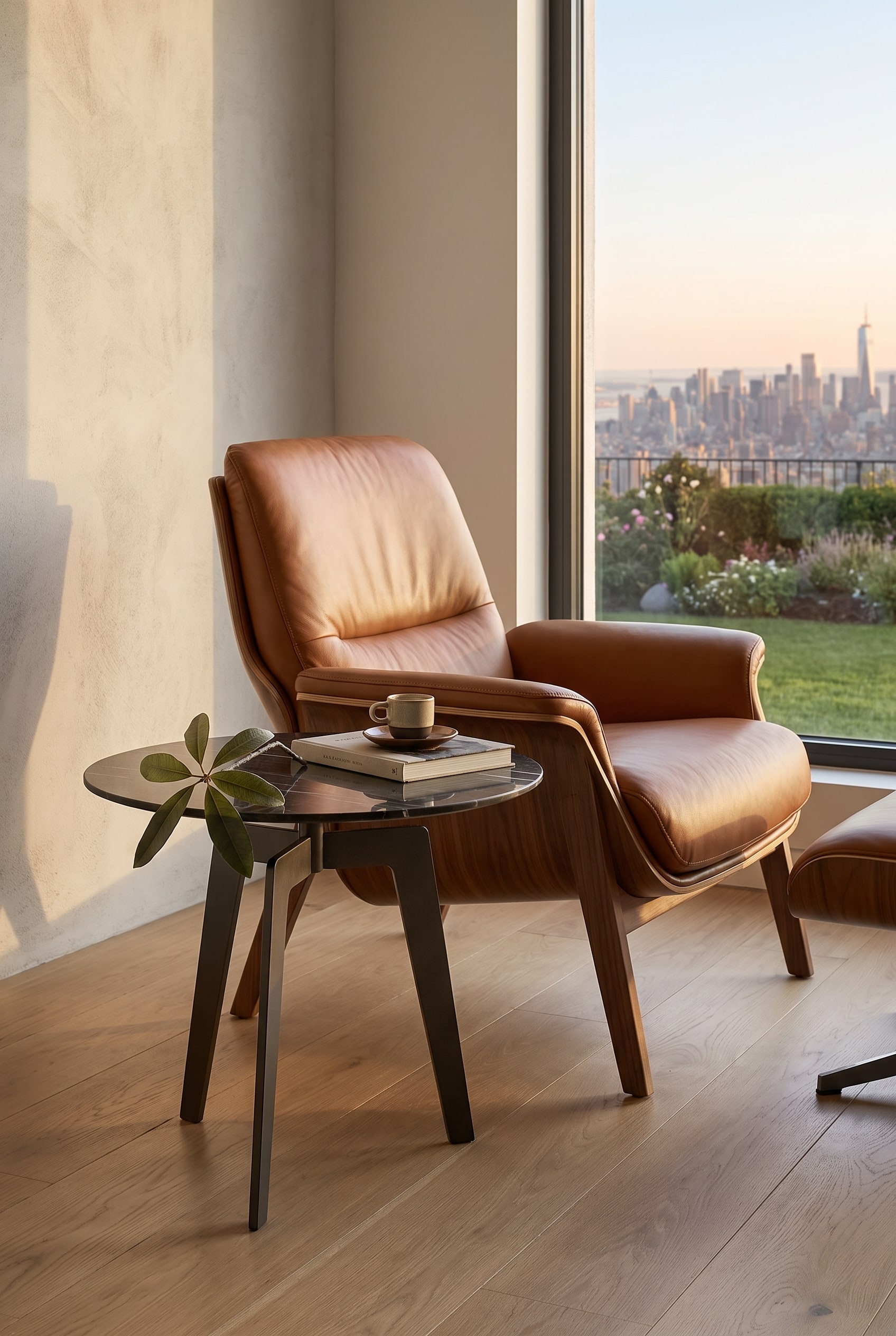 Une table d'appoint &eacute;l&eacute;gante &agrave; c&ocirc;t&eacute; d'un fauteuil lounge confortable dans un salon am&eacute;nag&eacute; de mani&egrave;re moderne.