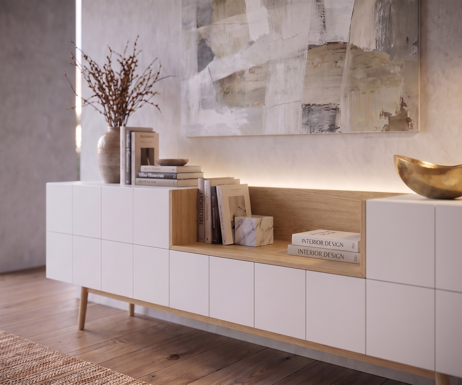al2 Sideboard MOS-I-KO 003 A als Anrichte im Wohnzimmer, Weiß lackiert und Eiche massiv im modernen Retro-Stil.