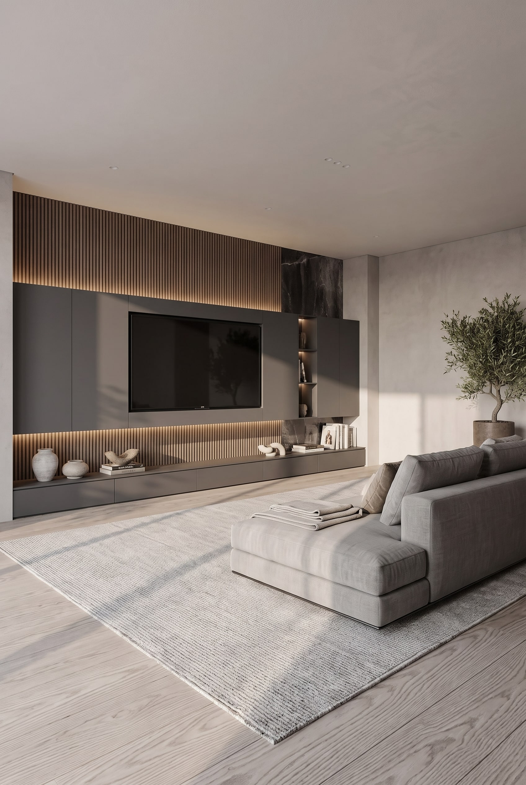 Un meuble TV mural sur mesure de quatre mètres de large, où un meuble bas de base profond se transforme en meubles hauts moins profonds et encadre un téléviseur de 85 pouces.