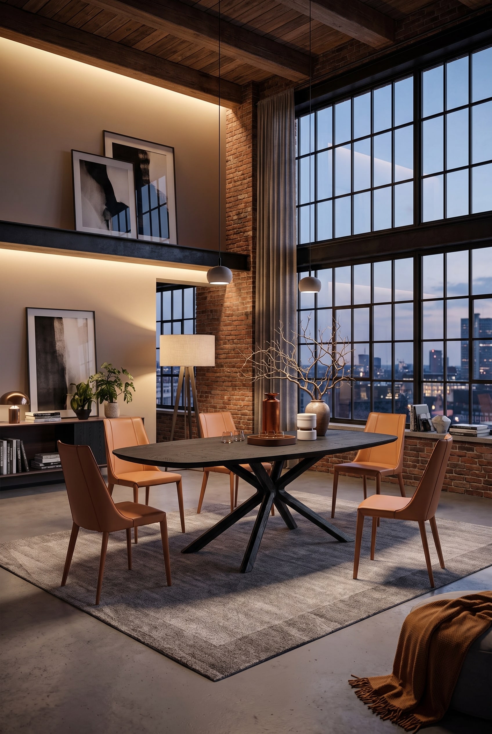 Salle &agrave; manger spacieuse dans un loft avec une grande table &agrave; manger sombre &agrave; pi&egrave;tement crois&eacute; et des chaises modernes