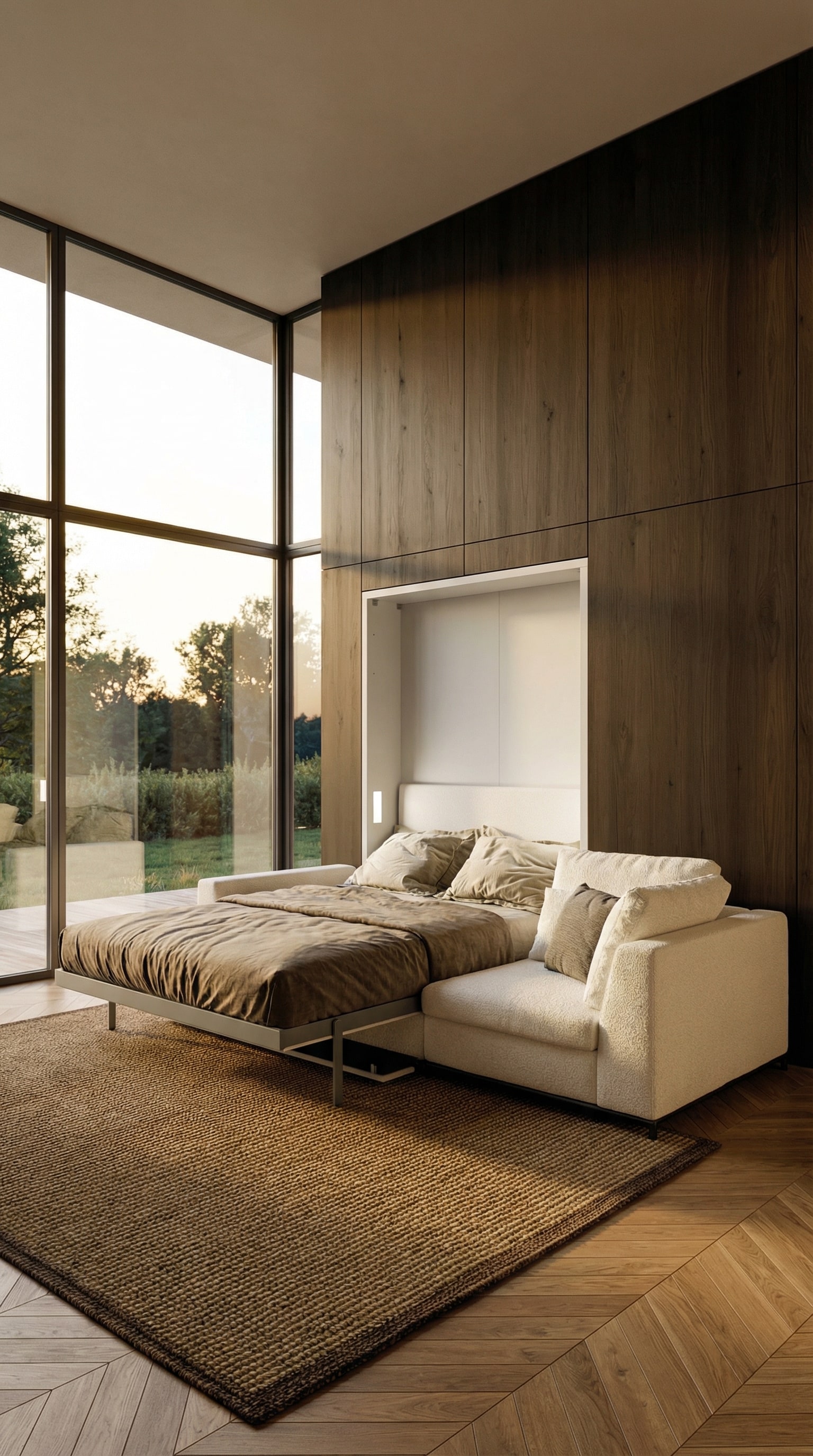 Un salon lounge luxueux avec un canap&eacute; confortable, derri&egrave;re lequel se cache le lit escamotable Clei Tonale.