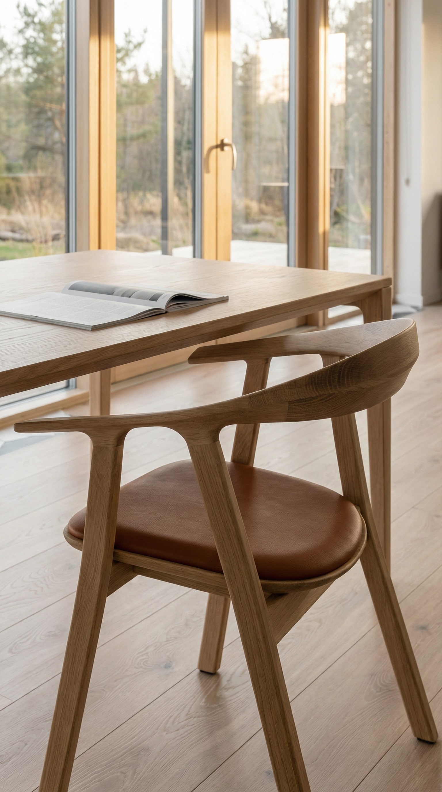 Hochwertiger Massivholzstuhl mit braunem Lederpolster an einem hellen Holztisch Hochwertiger Massivholzstuhl mit braunem Lederpolster an einem hellen Holztisch