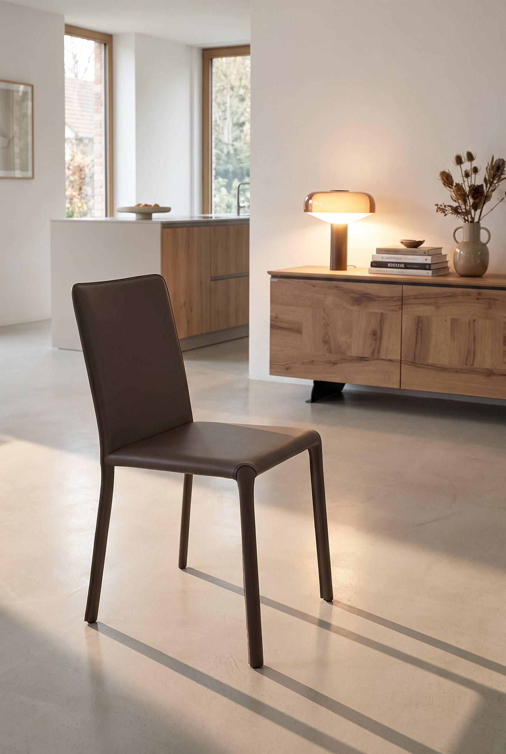 Chaise de salle à manger recouverte de cuir marron avec dossier continu devant un buffet clair