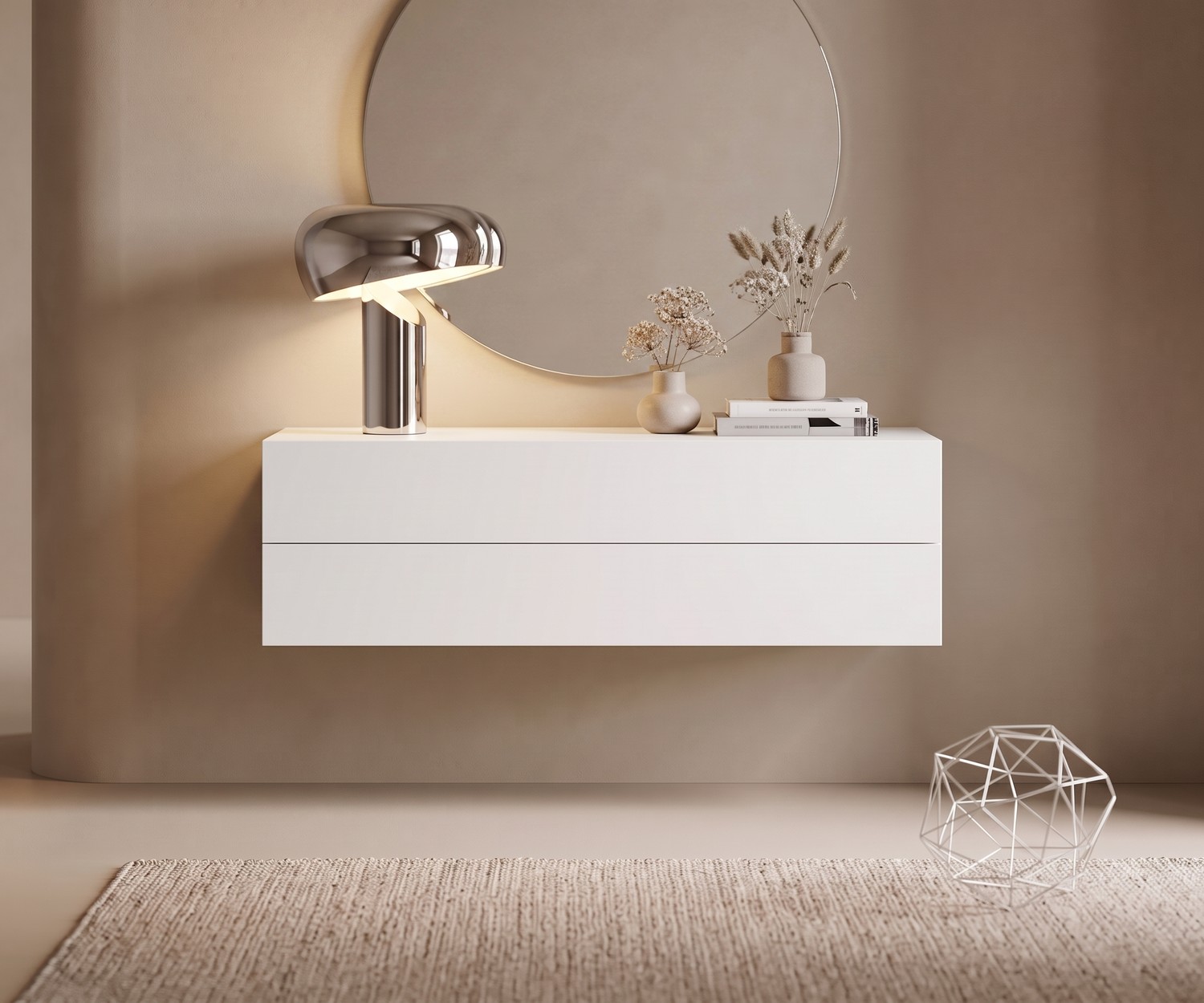 Hängekommode Easy von Novamobili für den Flur. Schwebende weiße Kommode mit 2 Schubladen im minimalistischen Stil.