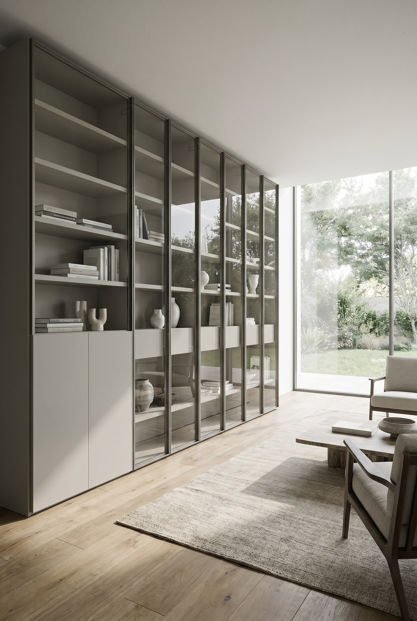 Graues modulares Metallregal mit extrem schlanken Profilen und B&uuml;chern in moderner heller Architektur