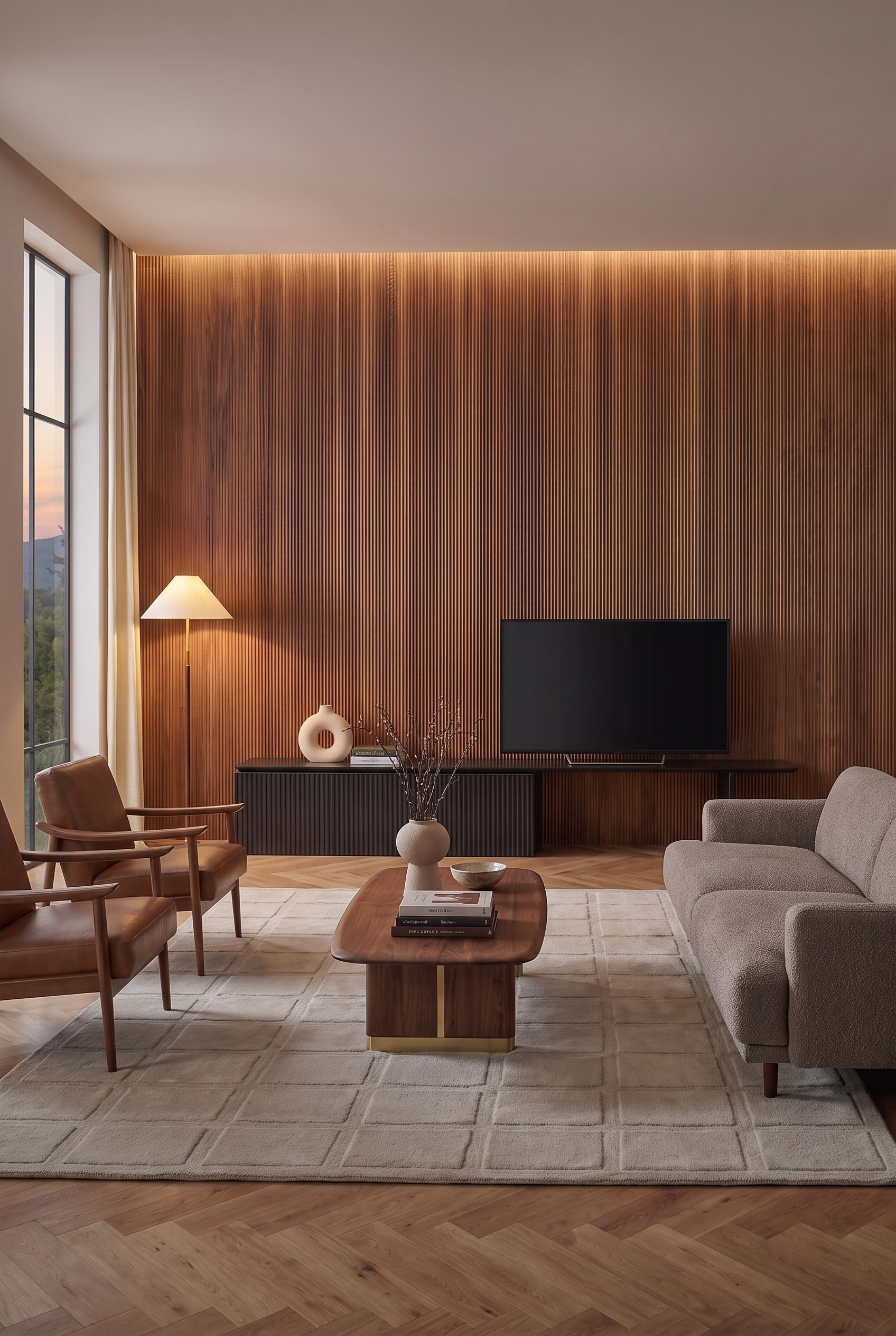 Frontale Gesamtansicht des Wohnzimmers mit dunkler Holzlattenwand, schwarzem Lowboard, Fernseher, beigem Sofa und Ledersesseln.