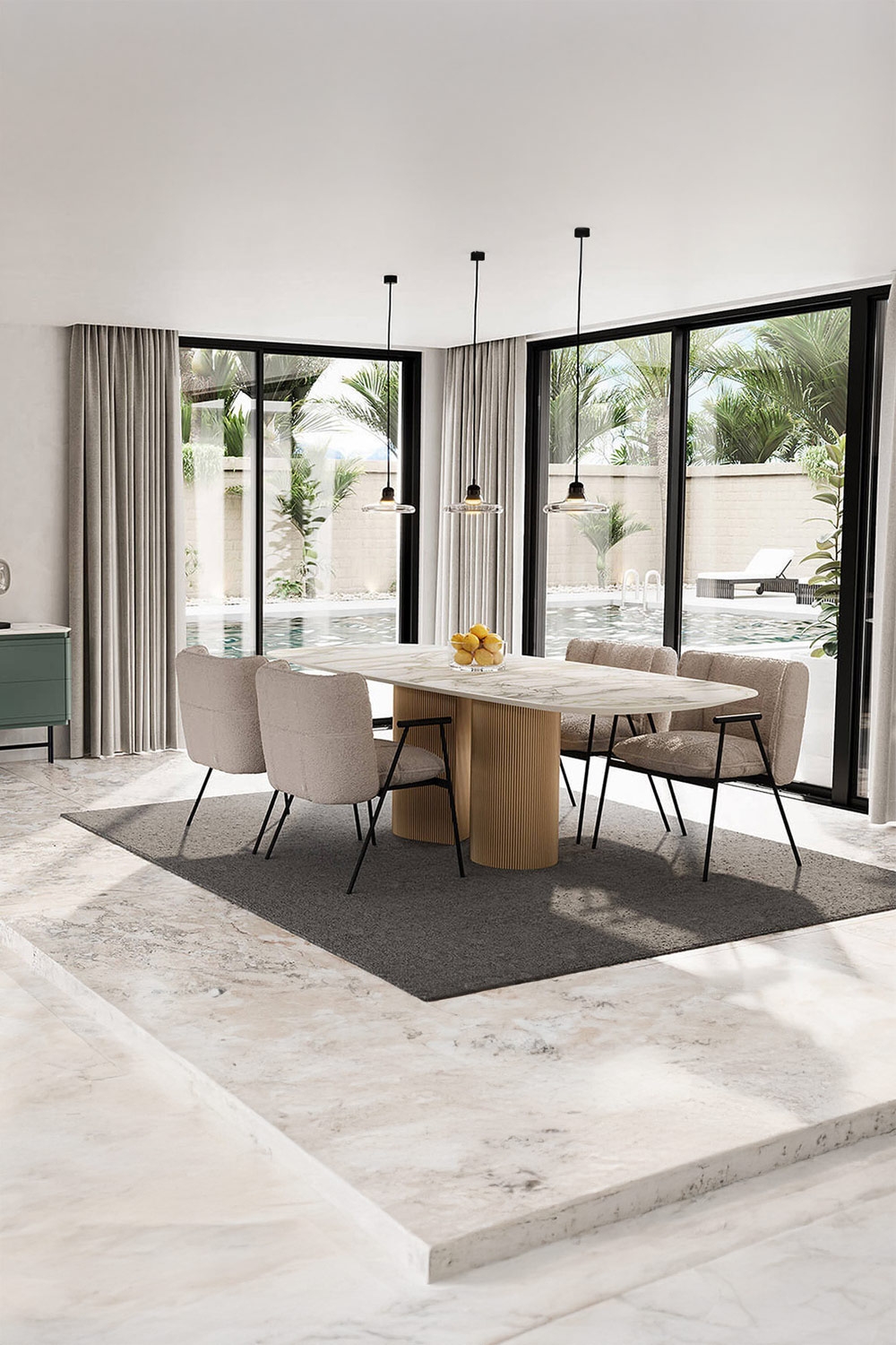 table à manger avec structure marquante et plateau délicat, complétée par des chaises de salle à manger aux pieds filigranes et assise rembourrée