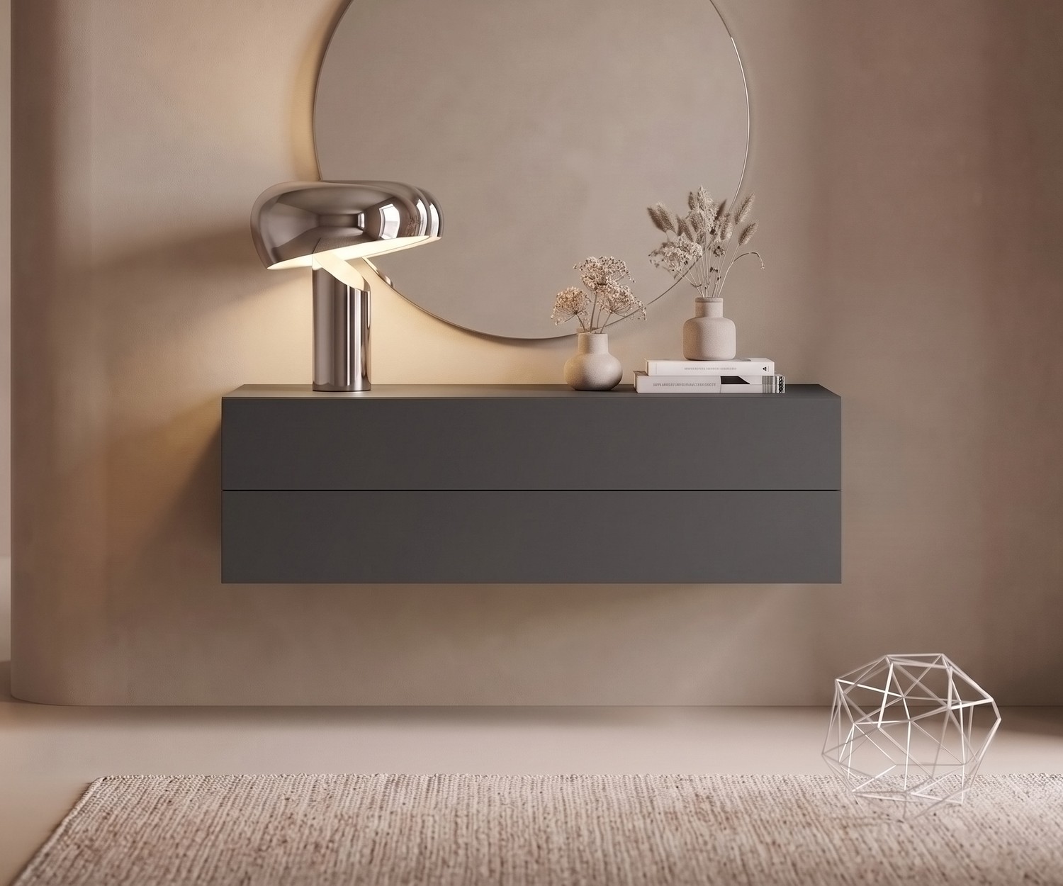 Novamobili Hängekommode Easy in Quarz-Grau Hängekommode Easy von Novamobili im Flur, minimalistisches schwebendes Sideboard in Quarz-Grau mit zwei Schubladen.