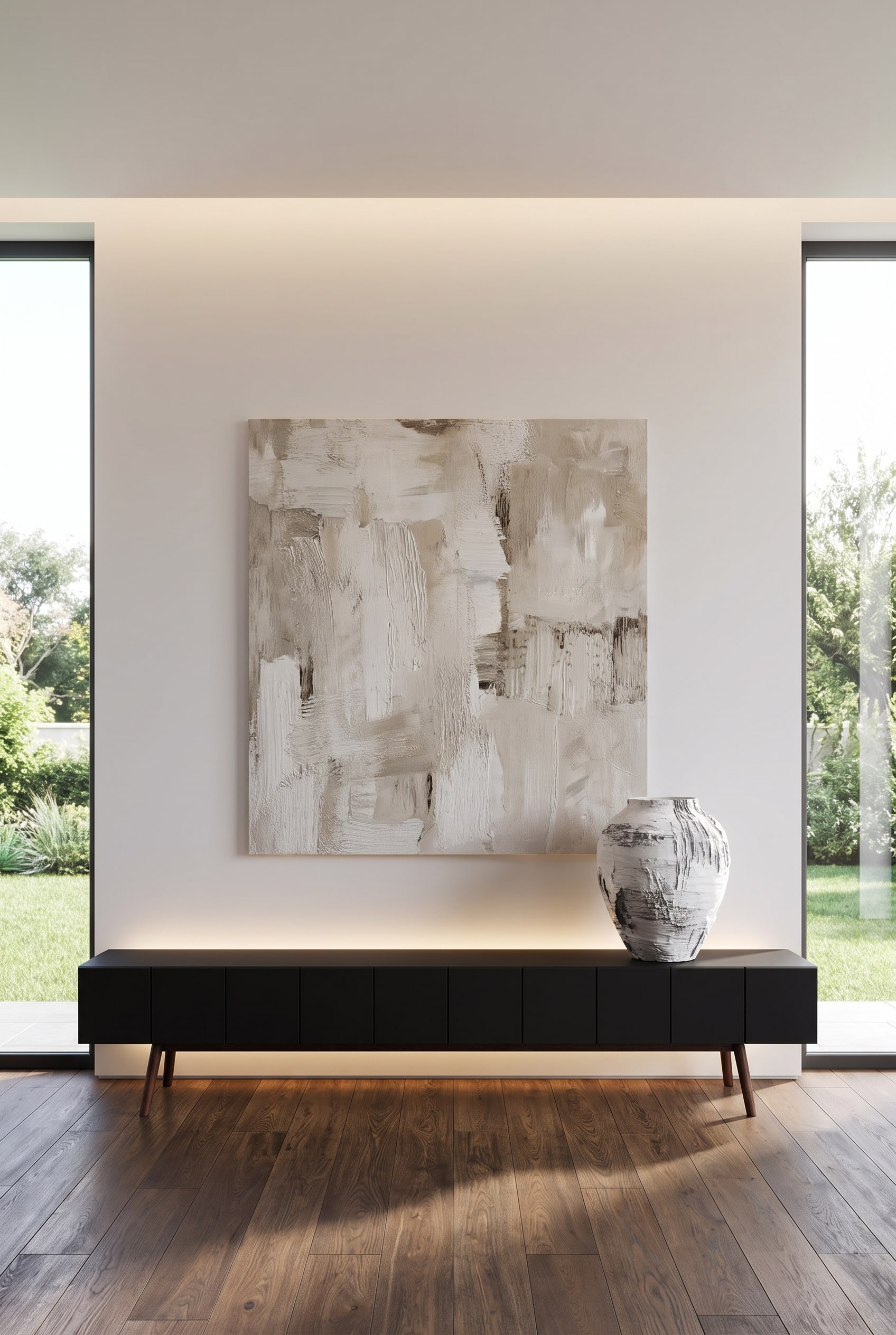 Kunstvolles Wohnzimmer mit grifflos strukturiertem Lowboard und großformatiger Design-Vase