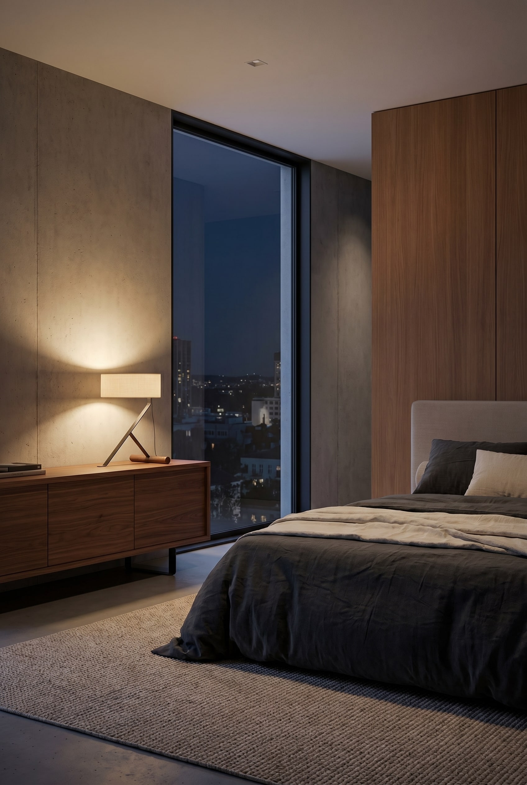 Eine moderne Tischleuchte auf einer Holzkommode, die sanftes, indirektes Licht im Schlafzimmer verströmt