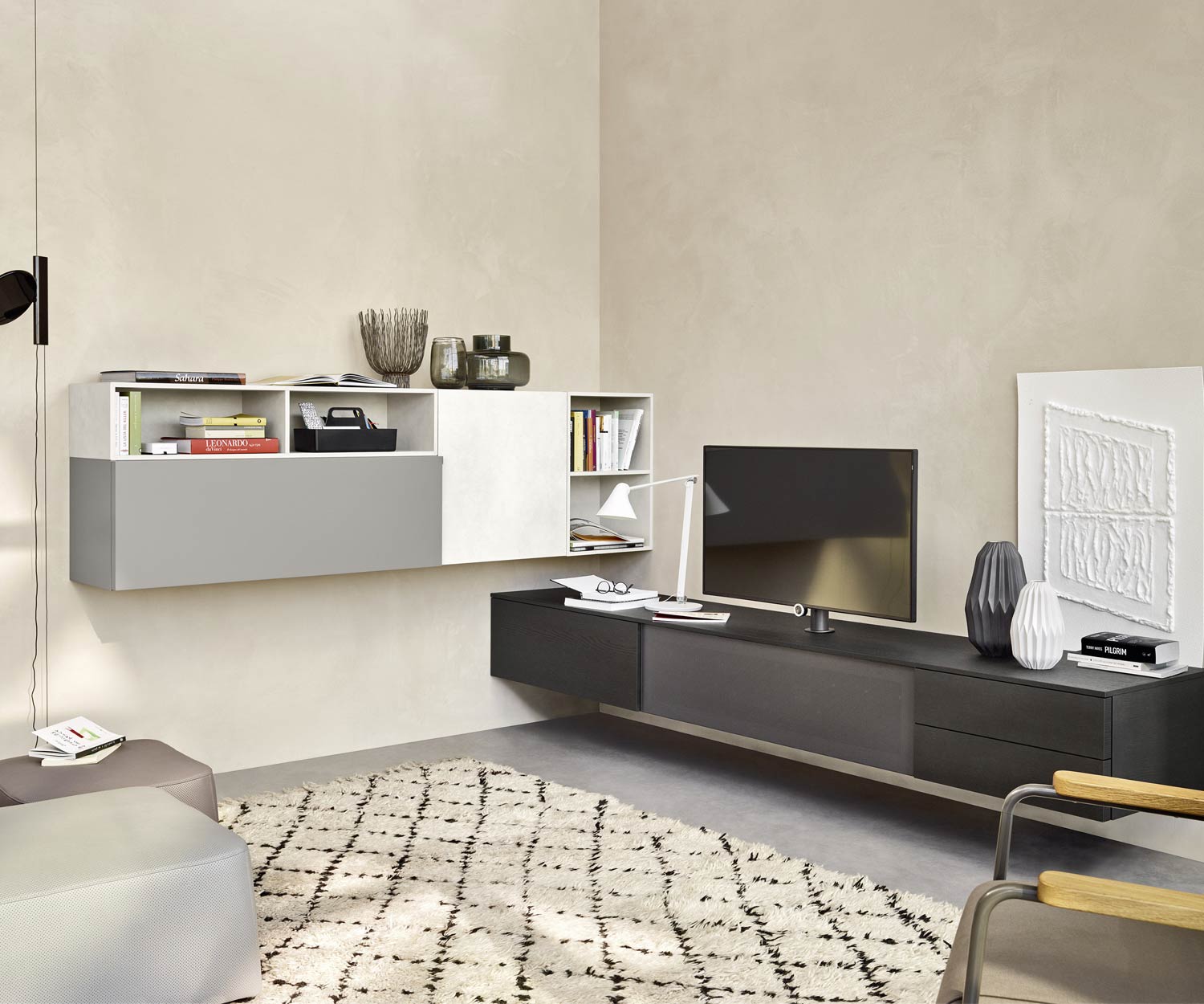 Livitalia Meuble-paroi design C51 Paroi d'angle en plaqué chêne teinté foncé Livitalia Meuble-paroi design C51 Paroi d'angle en plaqué chêne teinté foncé