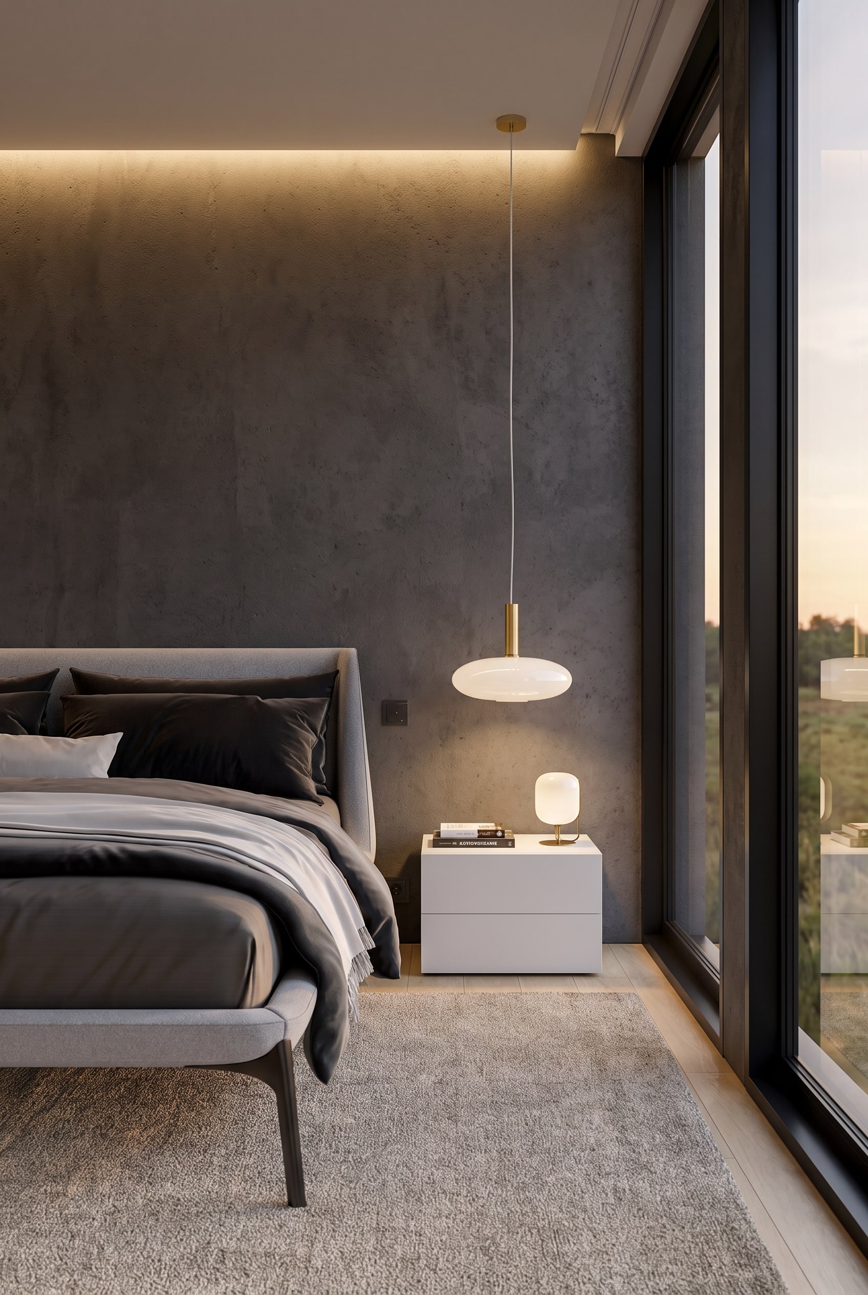 Chambre minimaliste moderne avec mur gris fonc&eacute;, lit rembourr&eacute; simple et la table de chevet blanche Novamobili Easy 2 tiroirs
