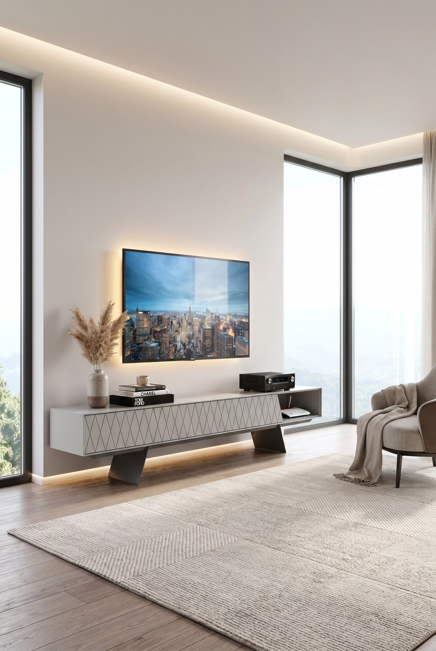 Salon lumineux avec un meuble bas al2 e-klipse 008 gris clair, un motif en losanges d&eacute;licat sur les fa&ccedil;ades et un r&eacute;cepteur