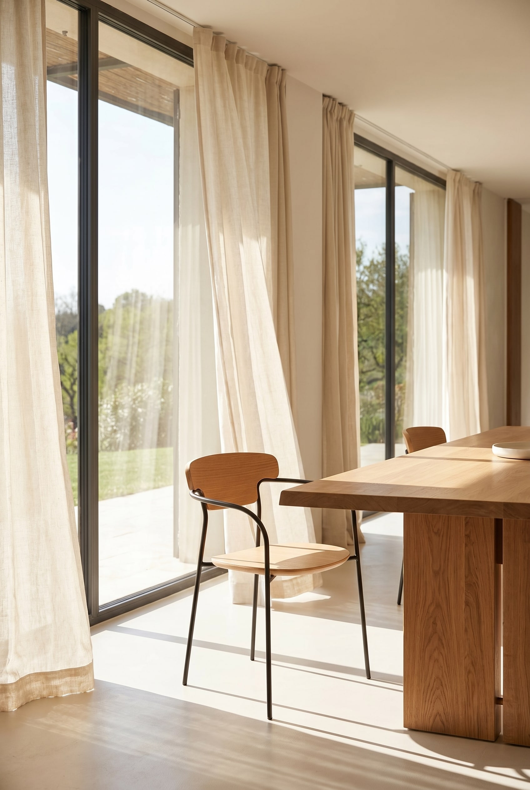 Salle &agrave; manger lumineuse avec chaise en bois filigrane en ch&ecirc;ne clair et pi&egrave;tement en m&eacute;tal noir &agrave; la table &agrave; manger