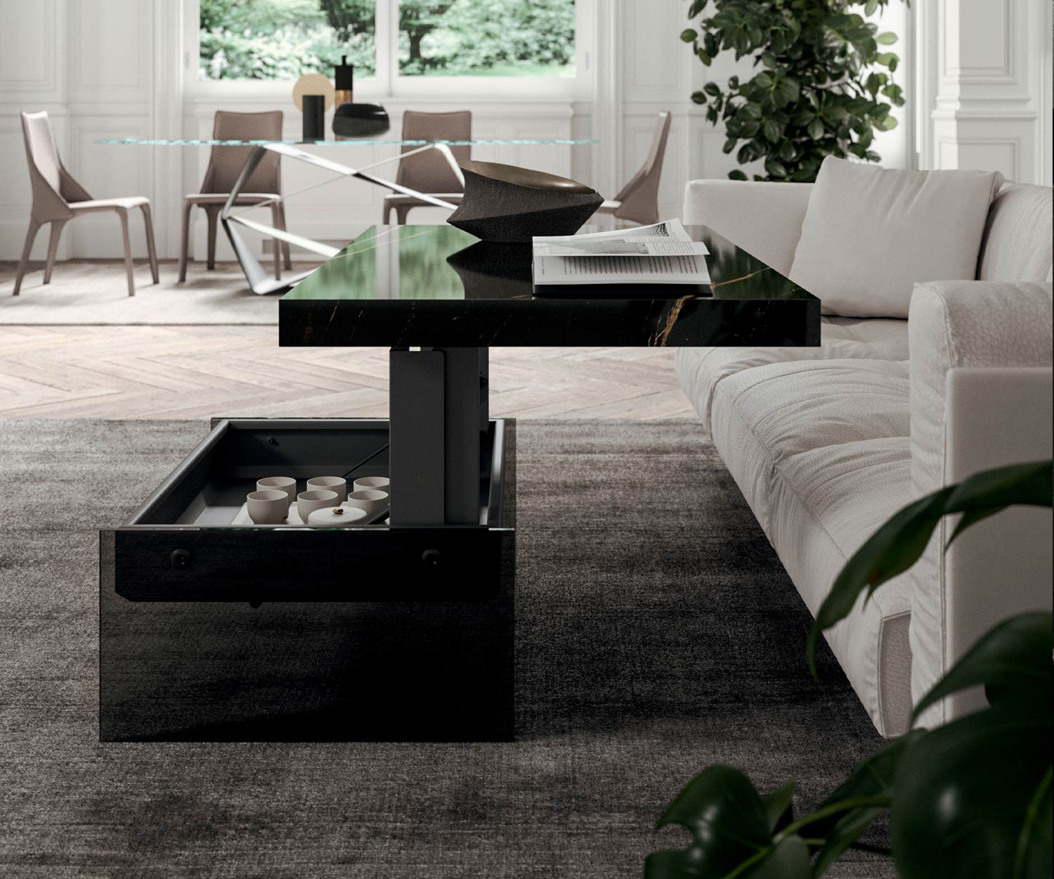 Couchtisch Bellagio Tischplatte Marmor Glas hochgeklappt Staufach Couchtisch Bellagio Tischplatte Marmor Glas hochgeklappt Staufach