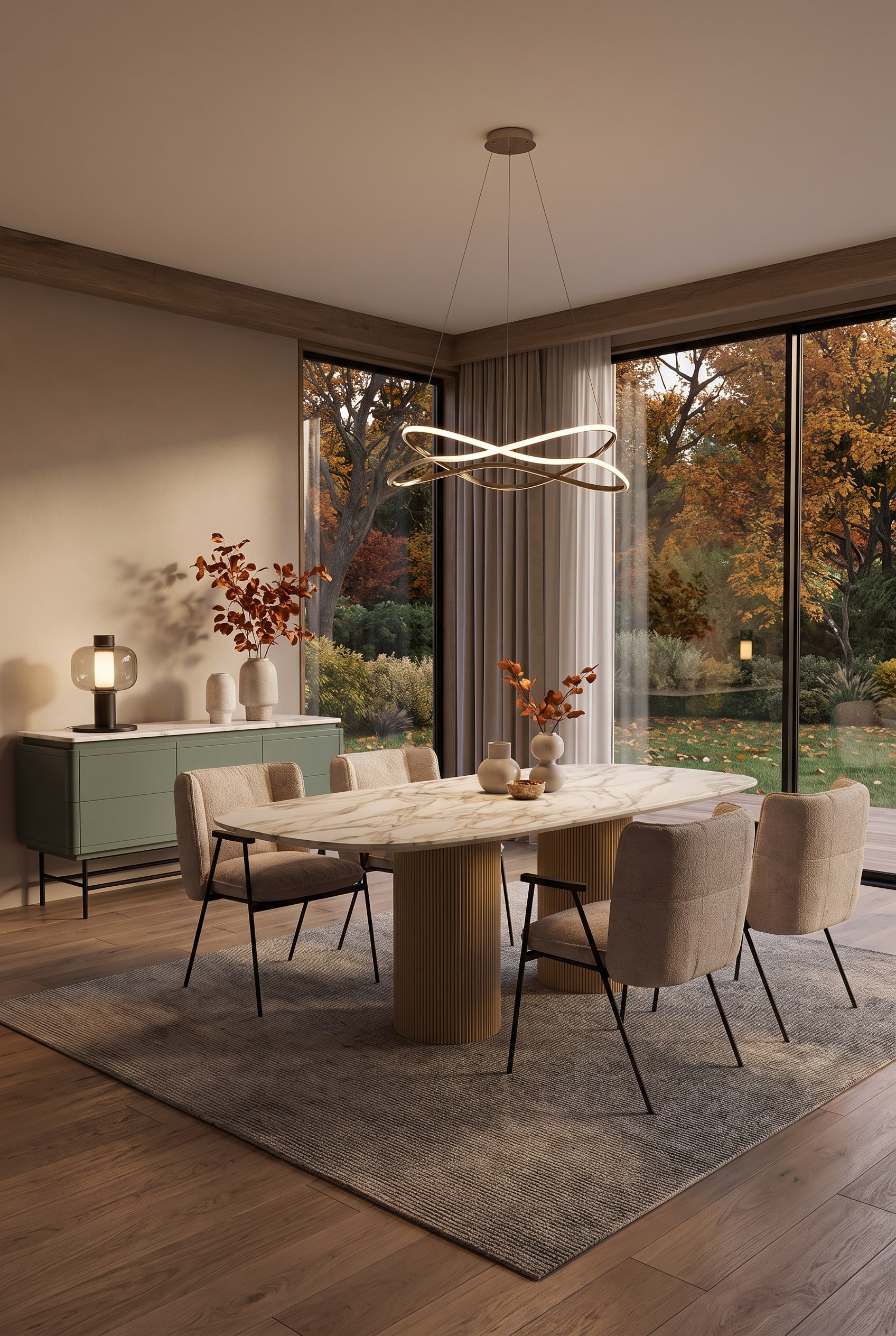 Une table à manger massive et sculpturale en bois forme le centre paisible d'une salle à manger moderne de style campagnard.