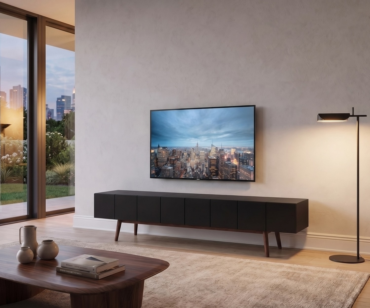 Meuble TV bas al2 MOS-I-KO 005 B dans un salon moderne. Buffet noir mat avec des pieds élégants en bois sous une télé.