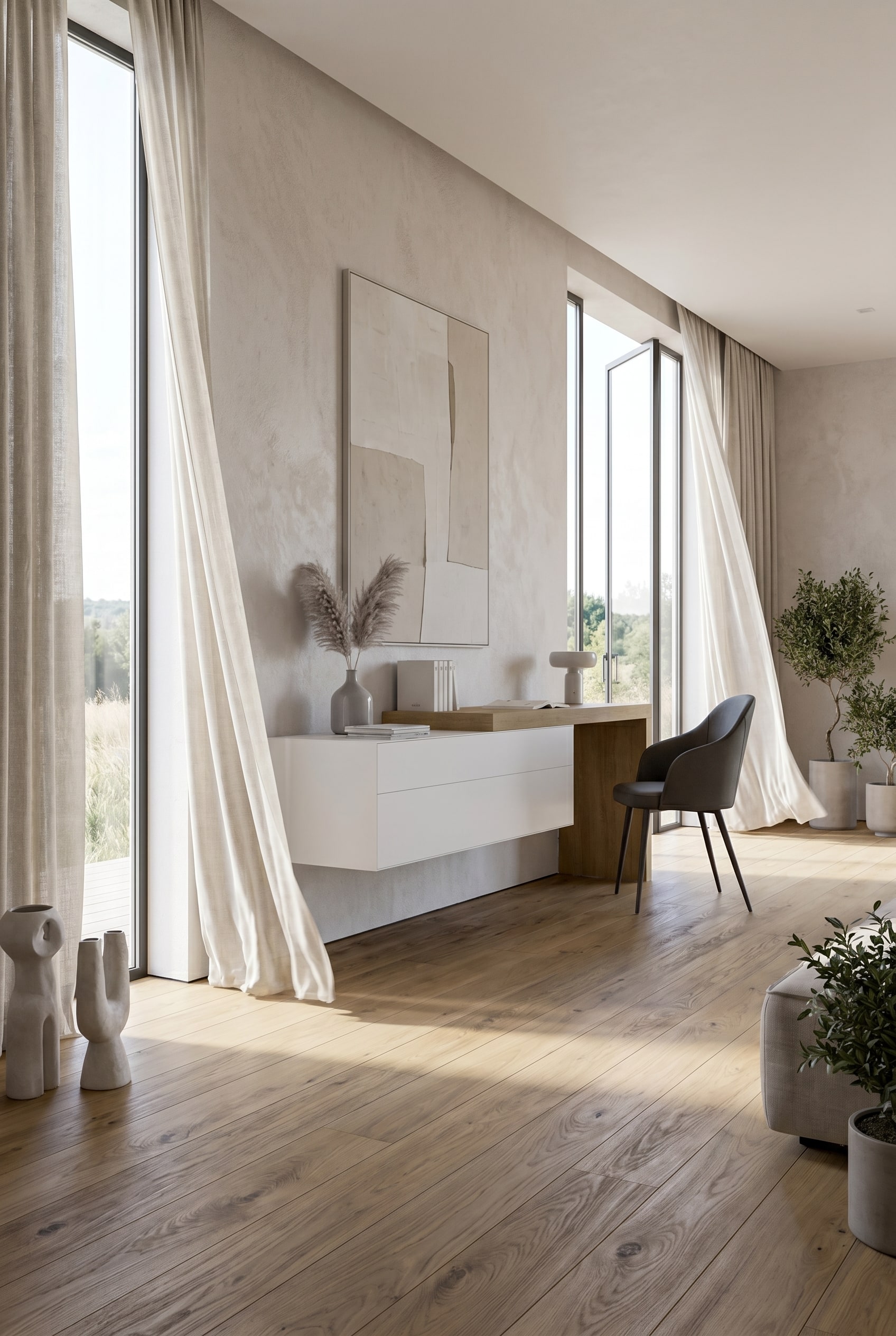 Longue commode murale suspendue horizontale dans un salon lumineux et luxueux. Longue commode murale suspendue horizontale dans un salon lumineux et luxueux.