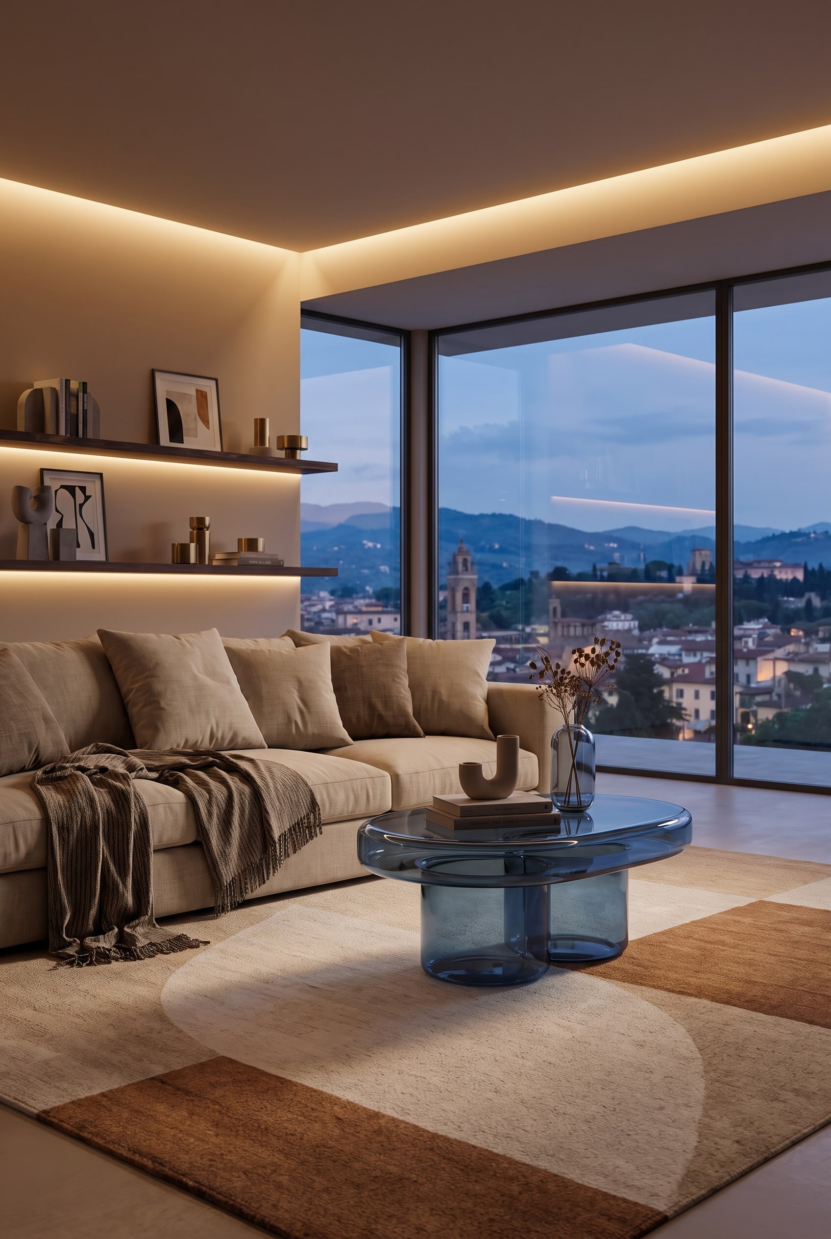 Salon de style galerie avec une table basse ovale sculpturale en verre, sur laquelle sont plac&eacute;s de mani&egrave;re minimaliste un seul beau livre et un vase.