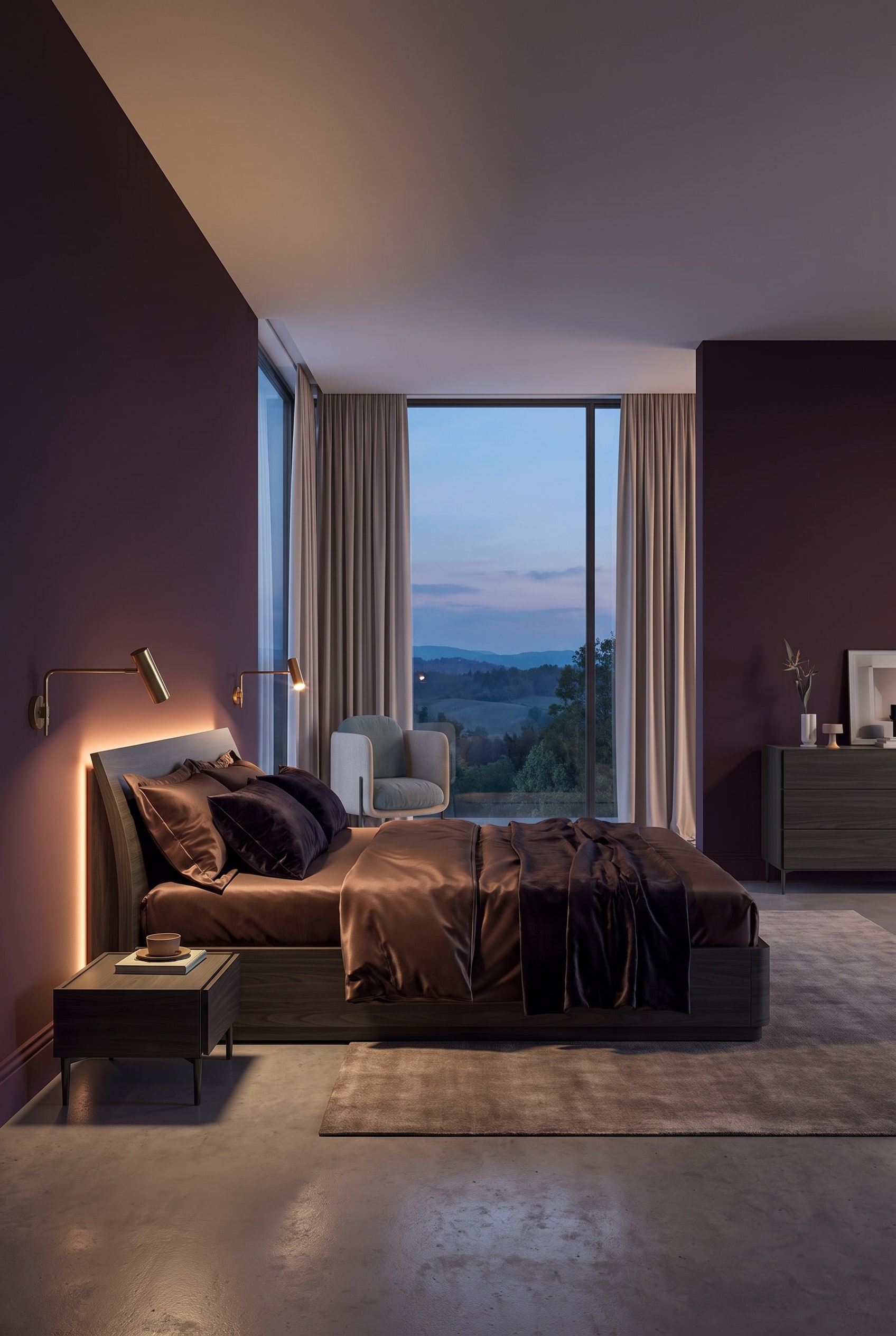 Luxuriöses Schlafzimmer in Aubergine mit dunkelbraunem Holzbett und indirekter Wandbeleuchtung