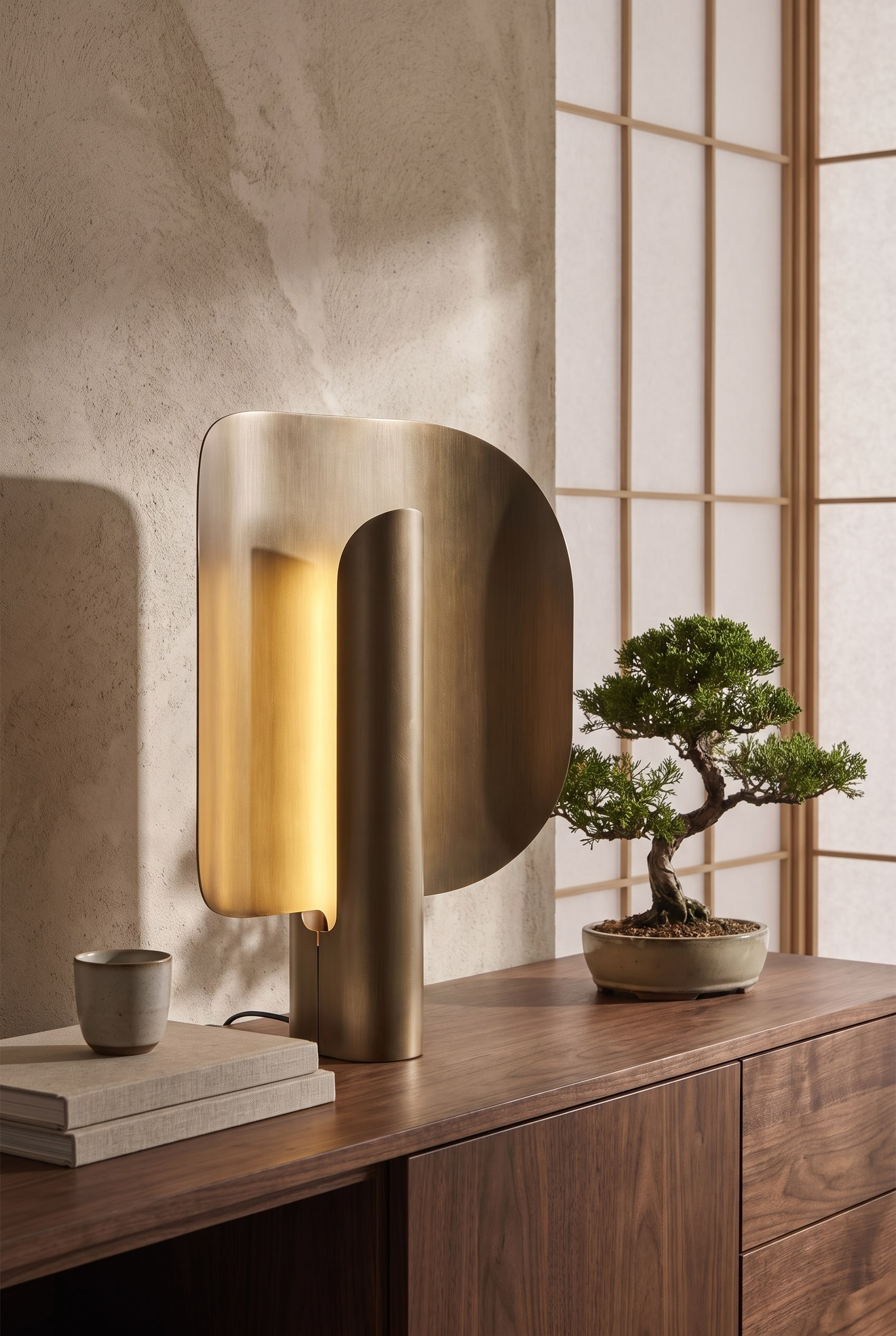 Detailaufnahme eines Sideboards aus Walnussholz mit einer Tischleuchte mit Holzschirm, die warmes Licht verströmt