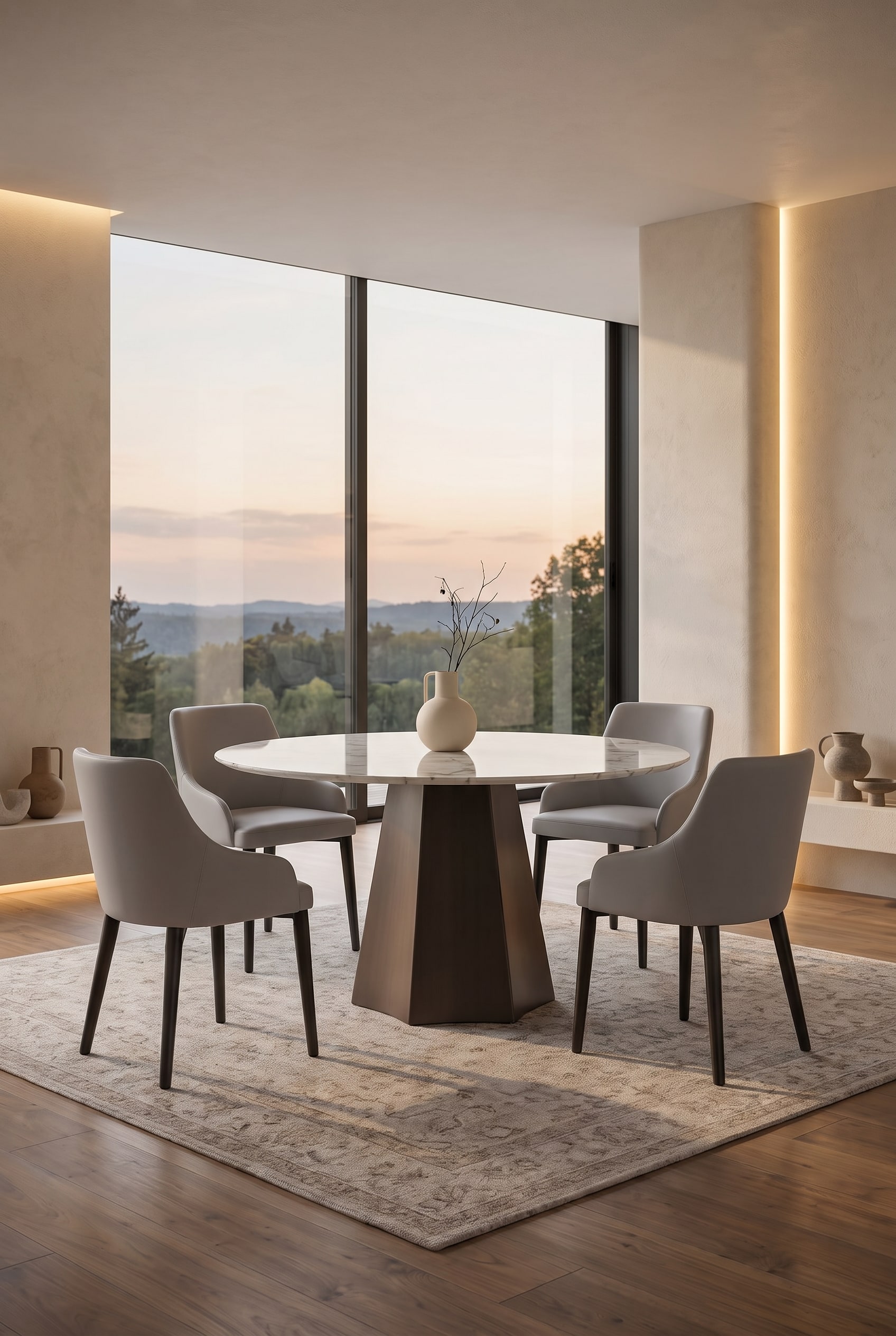 Ein luxuriöses Esszimmer mit dem runden Livitalia Keramik Esstisch Poliedro als stilvollem Mittelpunkt.