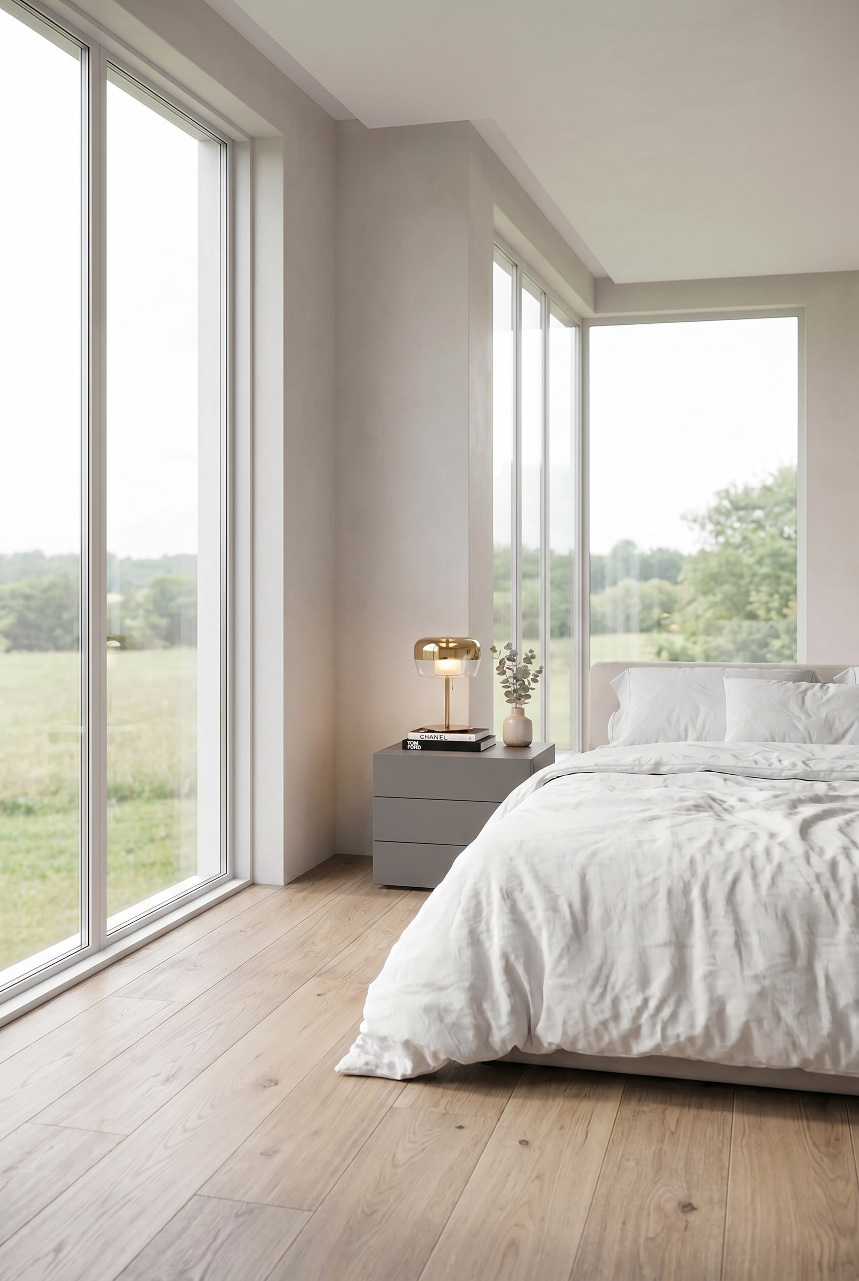 Une chambre &agrave; coucher rang&eacute;e et meubl&eacute;e de fa&ccedil;on moderne, avec un accent sur le rangement harmonieux &agrave; c&ocirc;t&eacute; du lit.